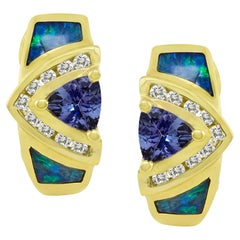 14K Yellow Gold Diamond Tanzanite, Opal Earrings