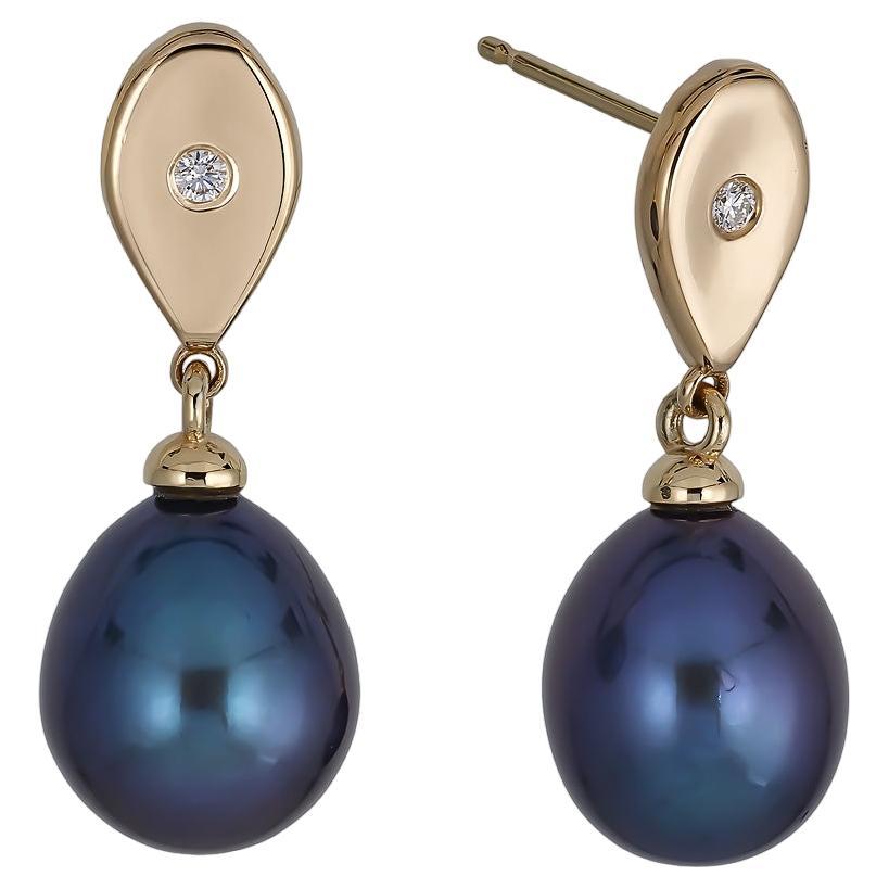 14K Gelbgold Diamant-Tropfen- und schwarze Perlen-Ohrringe Eearrings im Angebot