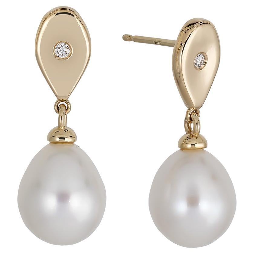 14k Yellow Gold Diamond Teardrop and Pearl Earrings