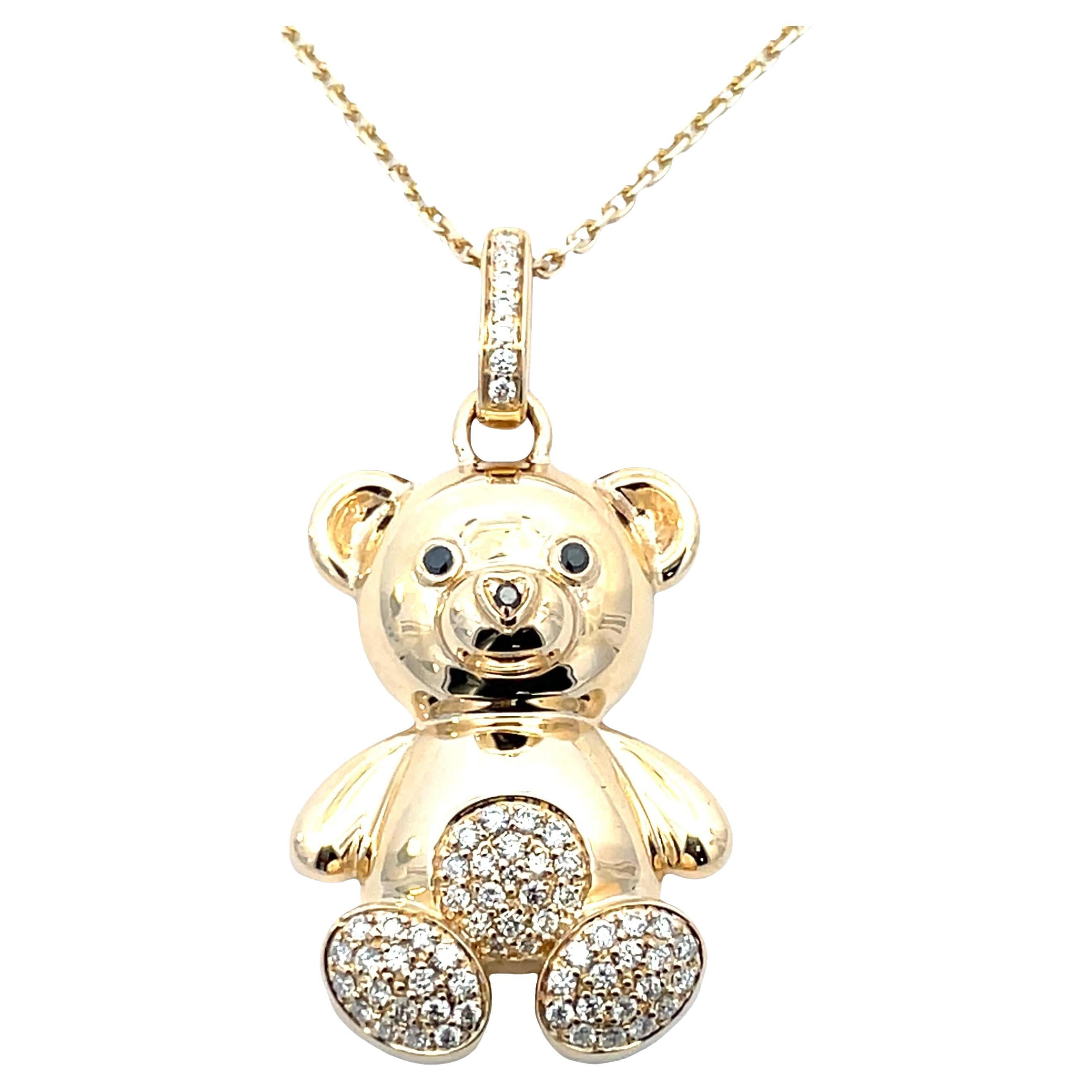 Collier ours en peluche en or jaune 14K avec diamants