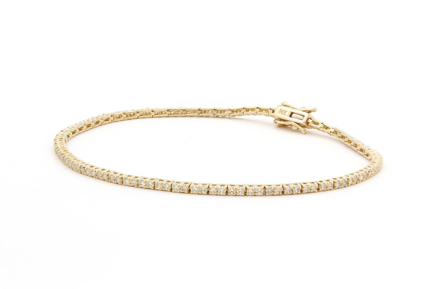 Contemporary 14k Yellow Gold & Diamond Tennis Bracelet 1.15ctw G-H/VS2-SI1 For Sale