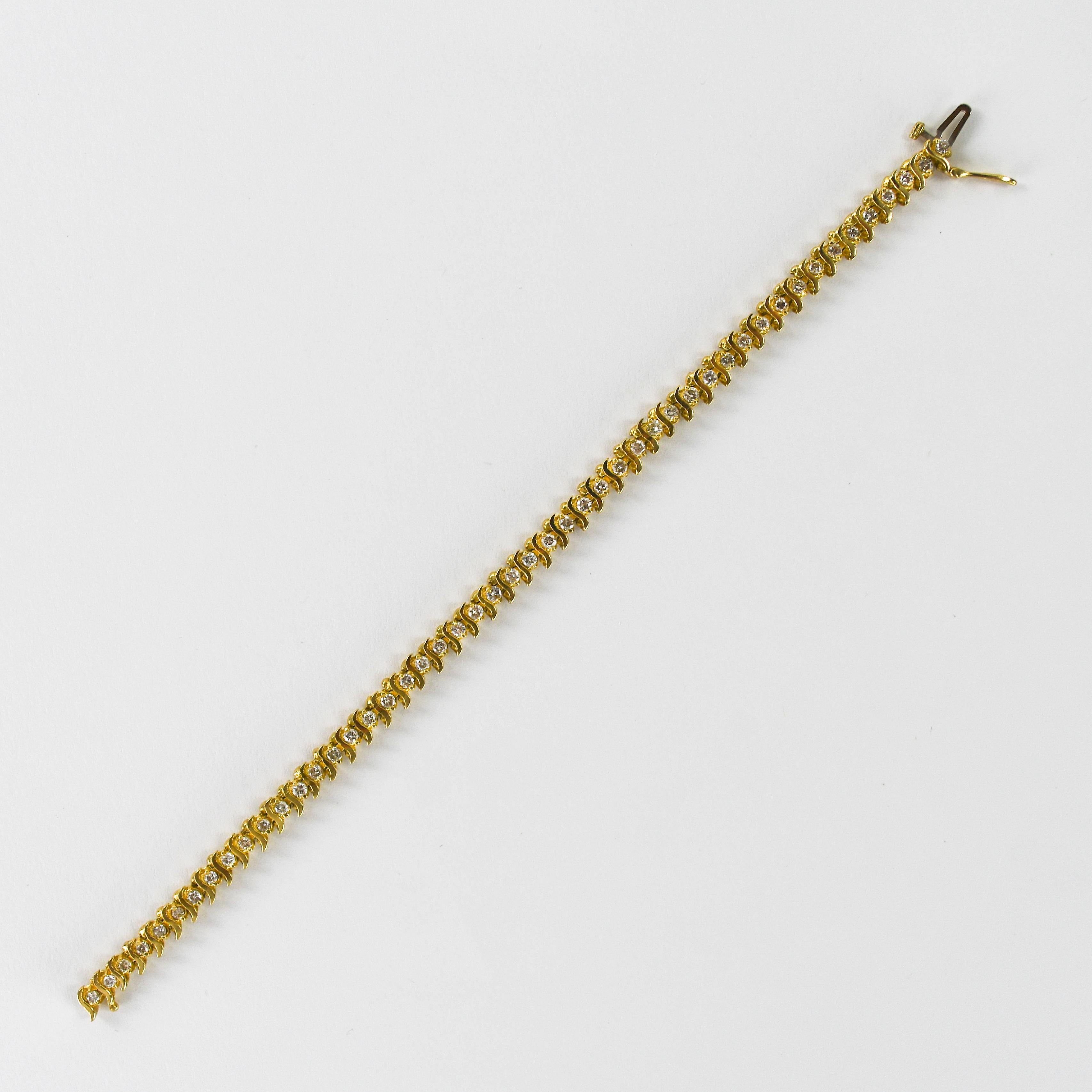 Pulsera de tenis de oro amarillo de 14 quilates con diamantes 1,50 ct en Excelente estado para la venta en Laguna Beach, CA