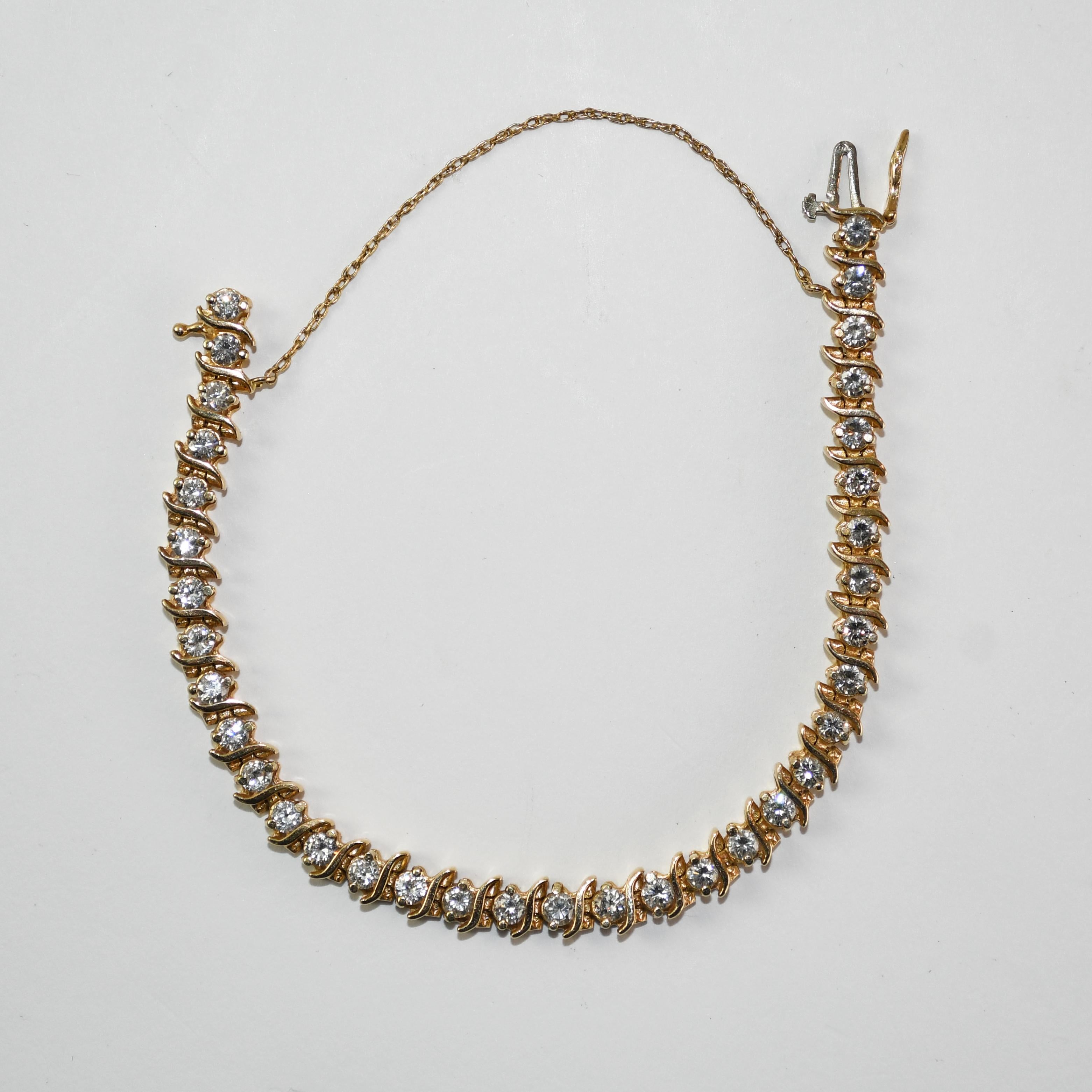 Taille ronde Bracelet tennis en or jaune 14 carats avec diamants 4,00 carats en vente