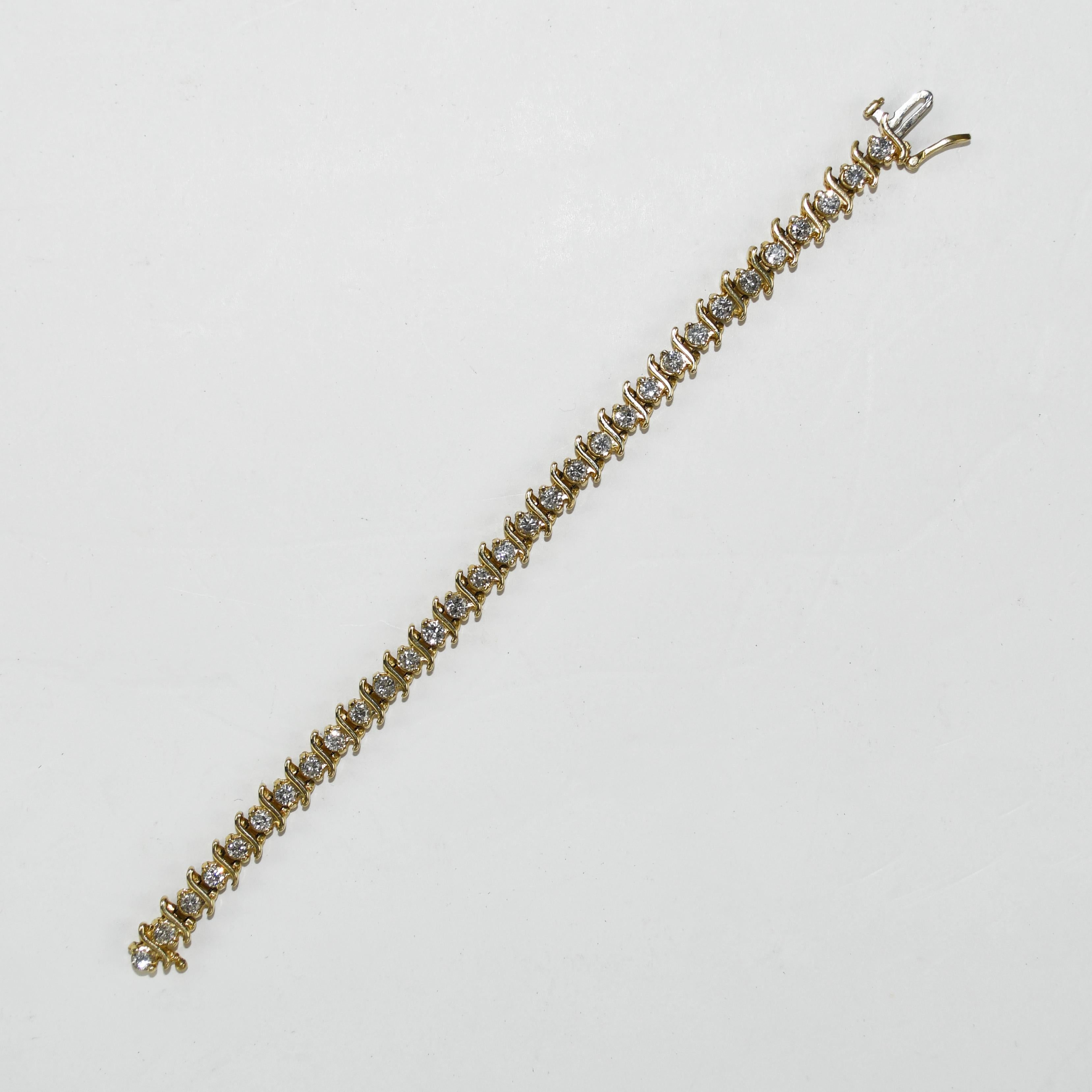 Taille ronde Bracelet tennis en or jaune 14 carats avec diamants 4,00 carats en vente