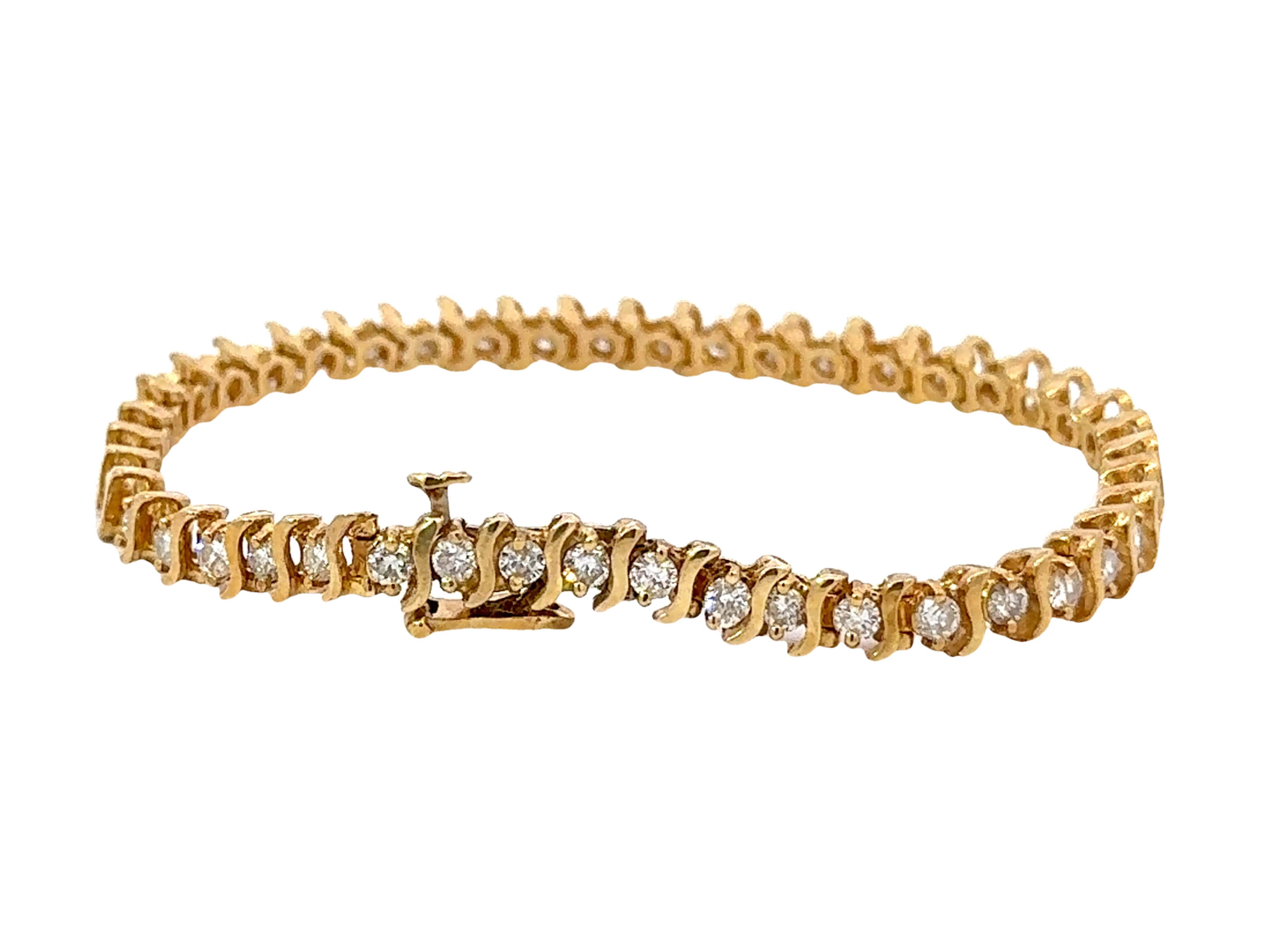 14k Yellow Gold Diamond Tennis Bracelet In Excellent Condition For Sale In Honolulu, HI