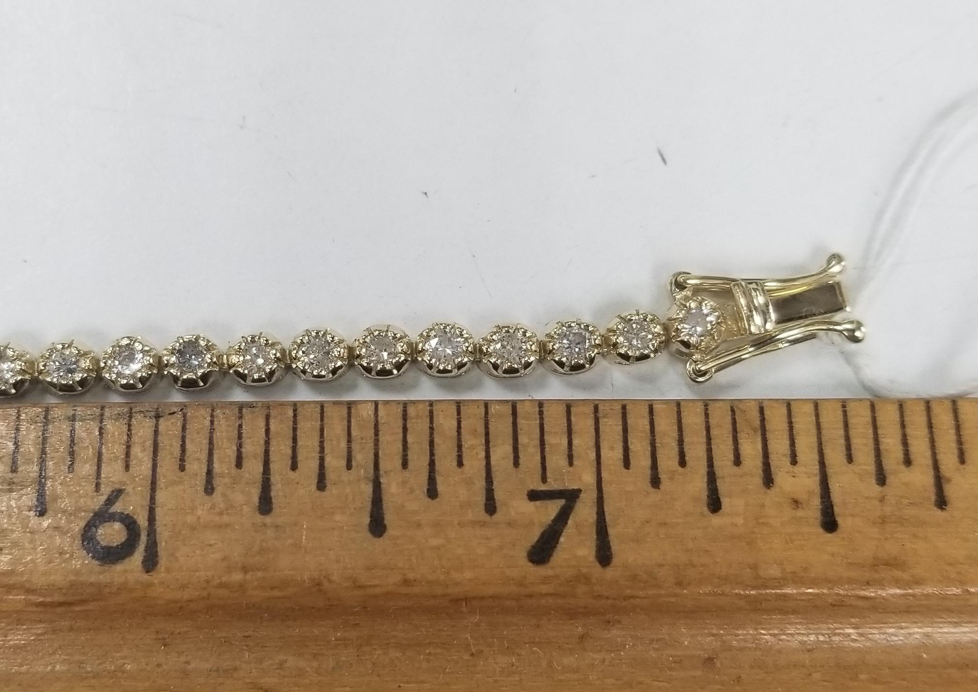 Round Cut 14k Yellow Gold Diamond Tennis Bracelet Set in an Bead Setting 3.02 Carats For Sale