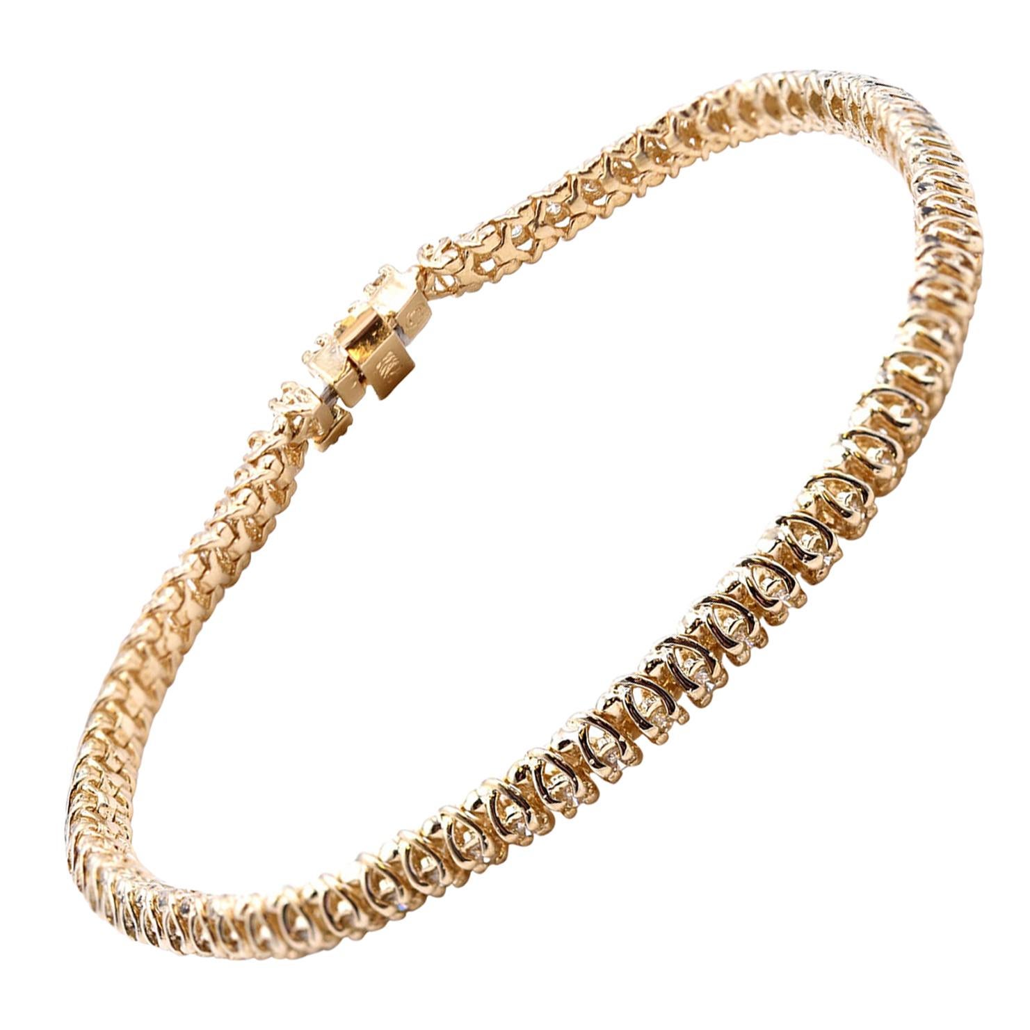 14 Karat Yellow Gold Diamond Tennis Bracelet with Trellis Setting