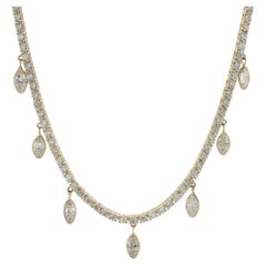 14k Yellow Gold Diamond Tennis Necklace with Bezel Set Marquise Diamond Drops