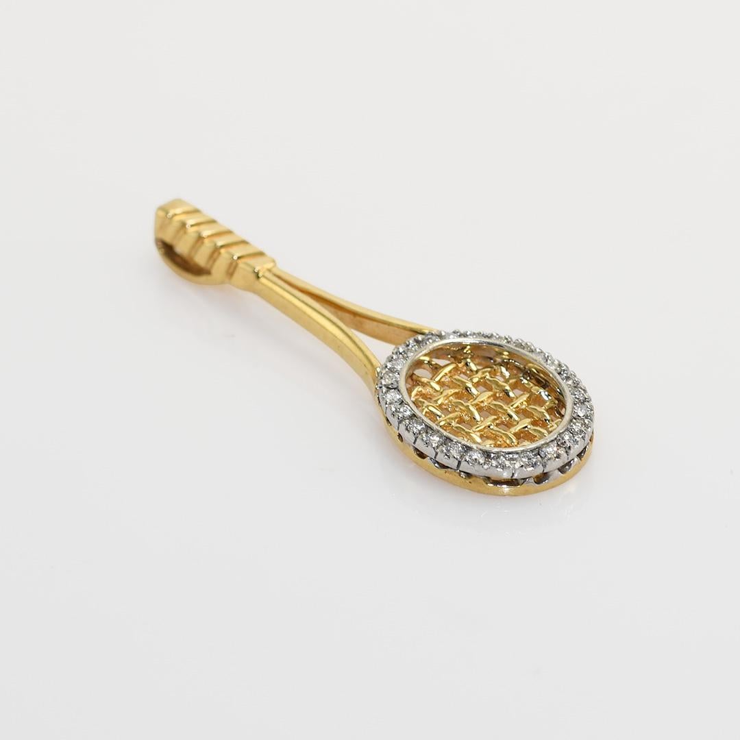 Colgante de oro amarillo de 14 quilates con raqueta de tenis de diamantes 3,6 g Corte redondo