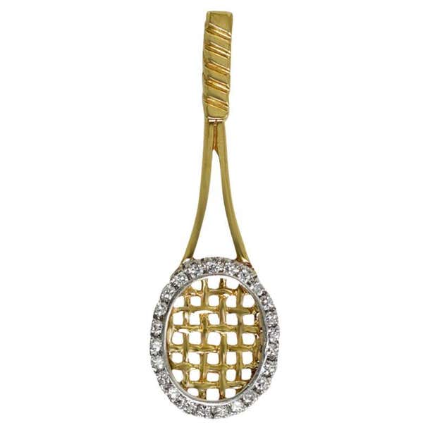 14K Yellow Gold Diamond Tennis Racket Pendant 3.6g For Sale at 1stDibs