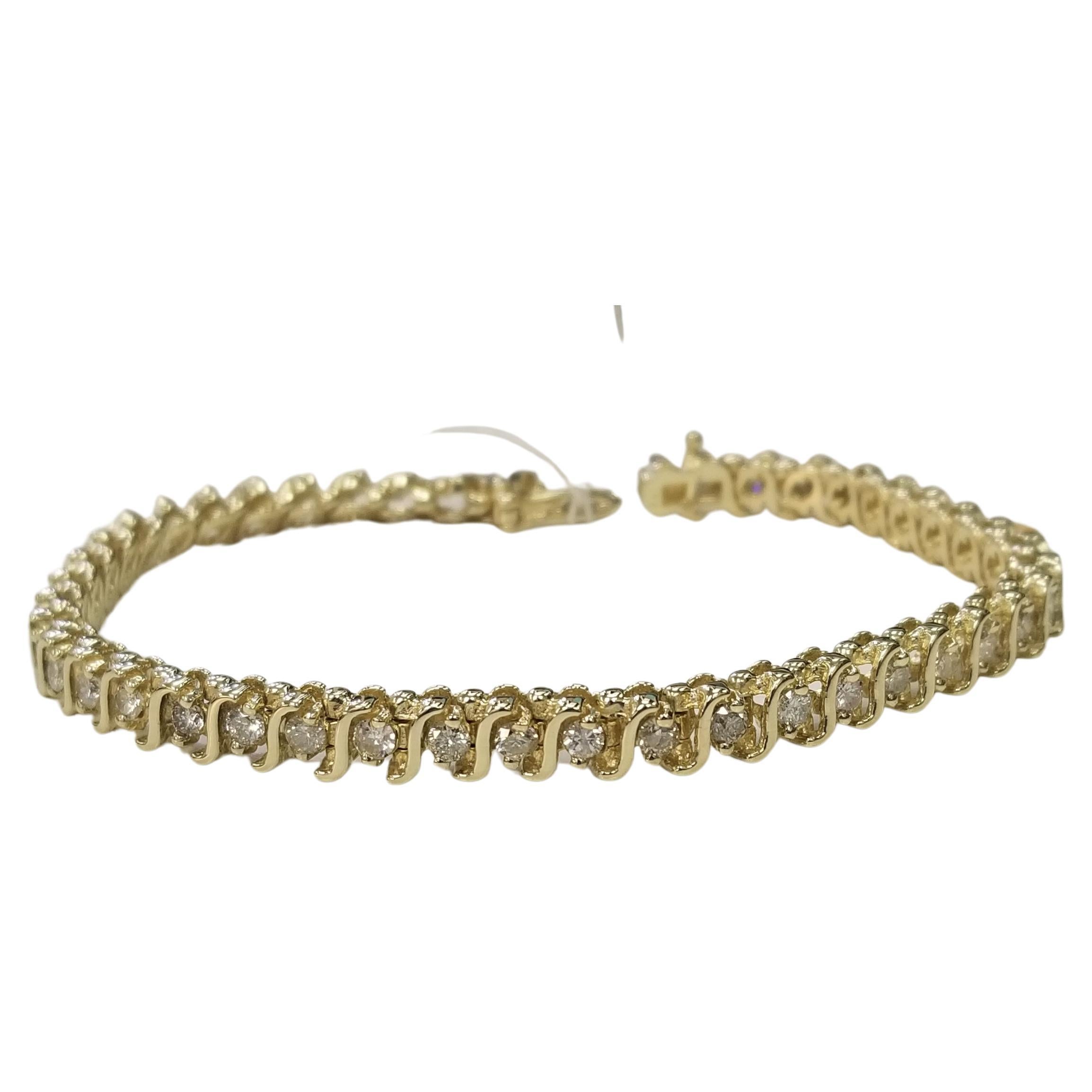 Bracelet tennis en or jaune 14 carats avec diamants en forme de S de 3,10 carats