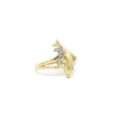 14k Yellow Gold Diamond Textured Matte Finish Jumping Dolphin Band Ring