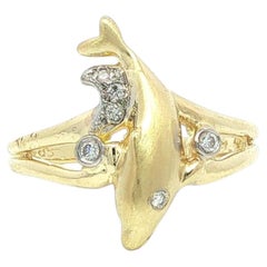 14k Yellow Gold Diamond Textured Matte Finish Jumping Dolphin Band Ring