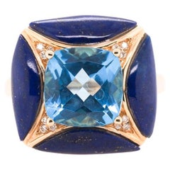 14k Yellow Gold Diamond, Topaz and Lapis Cocktail Ring