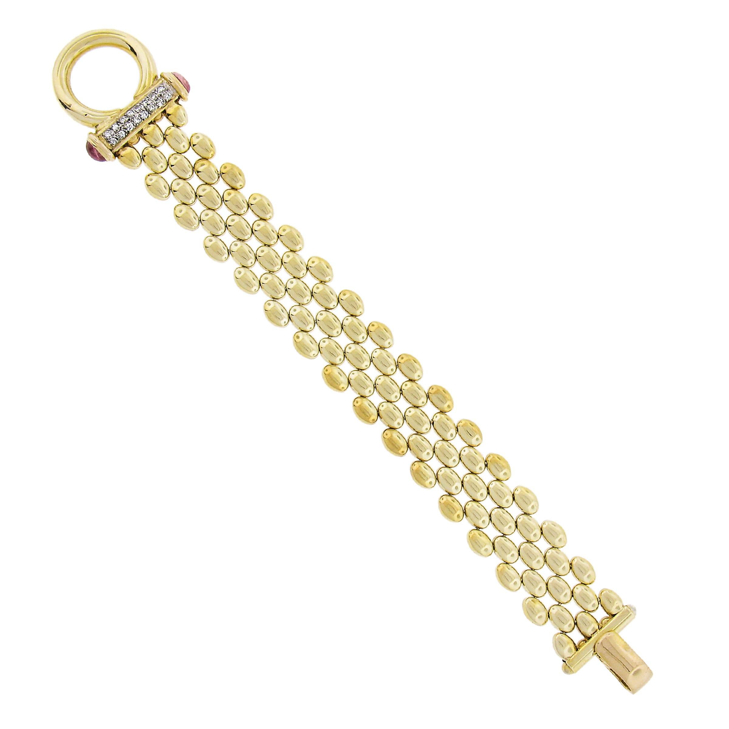 Women's 14K Yellow Gold Diamond & Tourmaline 5 Row Polished Oval Link Chain Bracelet For Sale