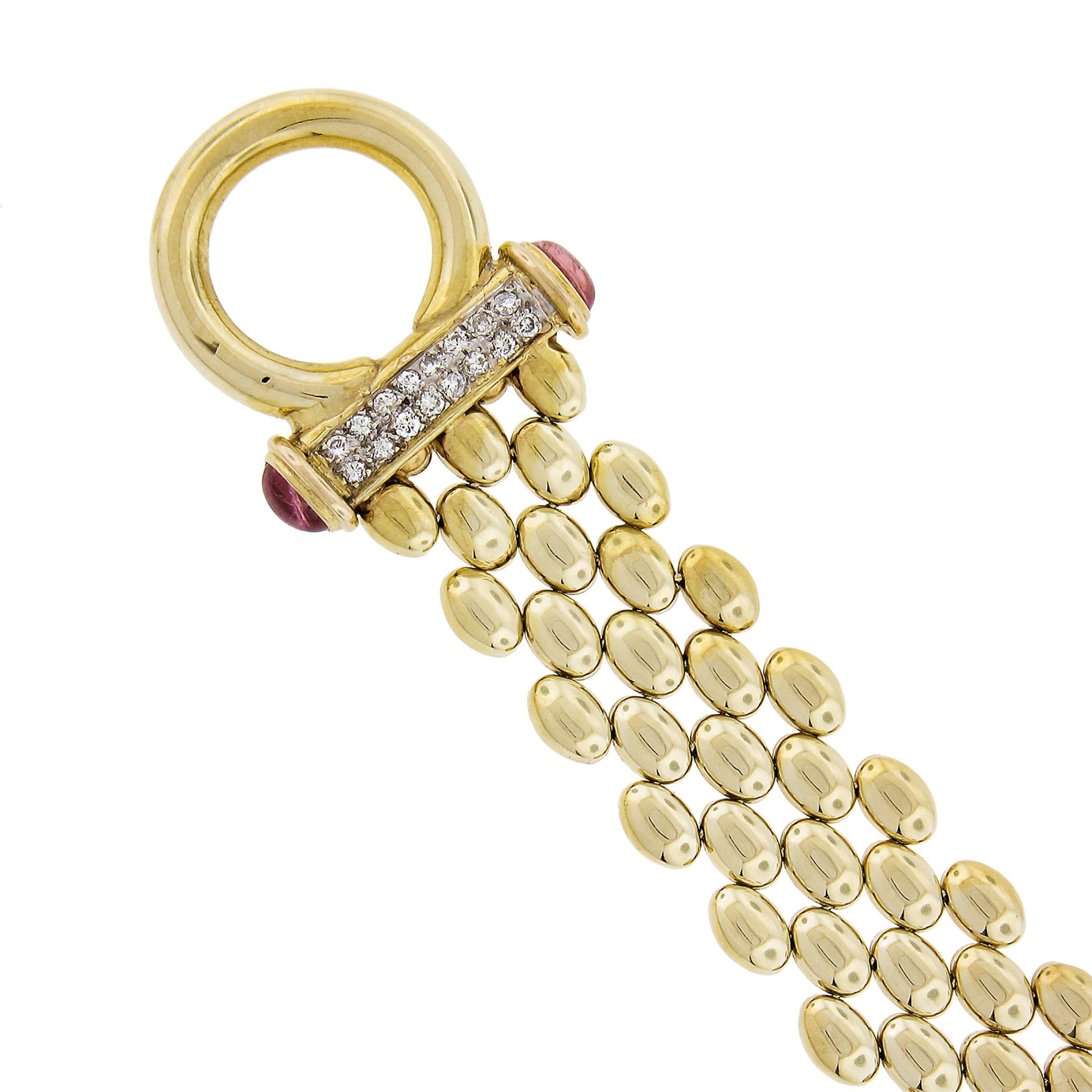 14K Yellow Gold Diamond & Tourmaline 5 Row Polished Oval Link Chain Bracelet For Sale 1