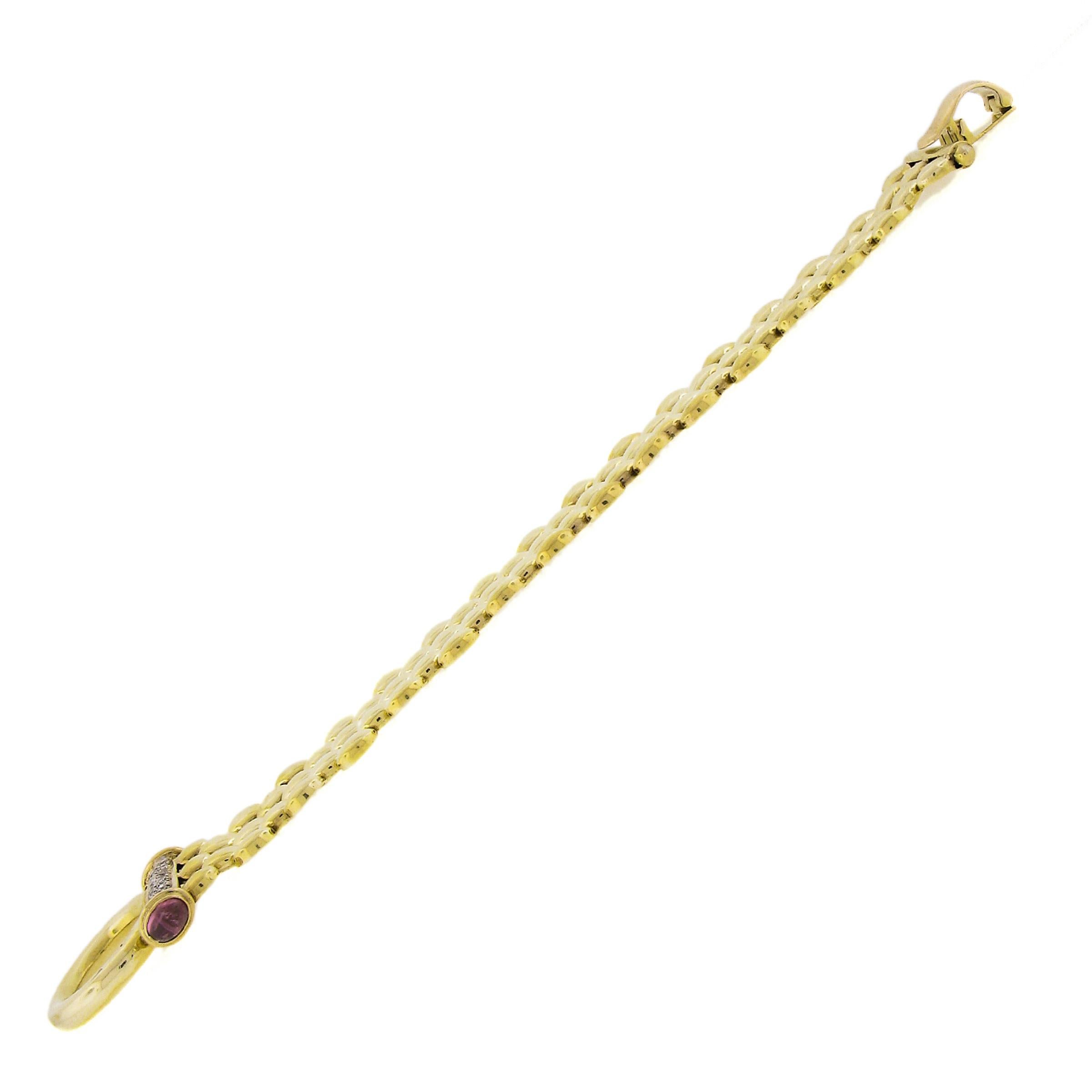14K Yellow Gold Diamond & Tourmaline 5 Row Polished Oval Link Chain Bracelet For Sale 2
