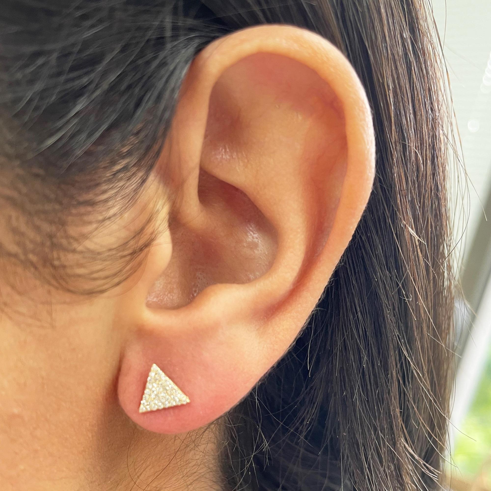 Pave Triangle Stud Earrings: Crafted of real 14k gold, these popular Pave Triangle Stud shape earrings feature 72 natural white sparkling diamonds approximately 0.21 ct. Certified diamonds. Diamond Color & Clarity GH-SI1 Measures approximately 1/2