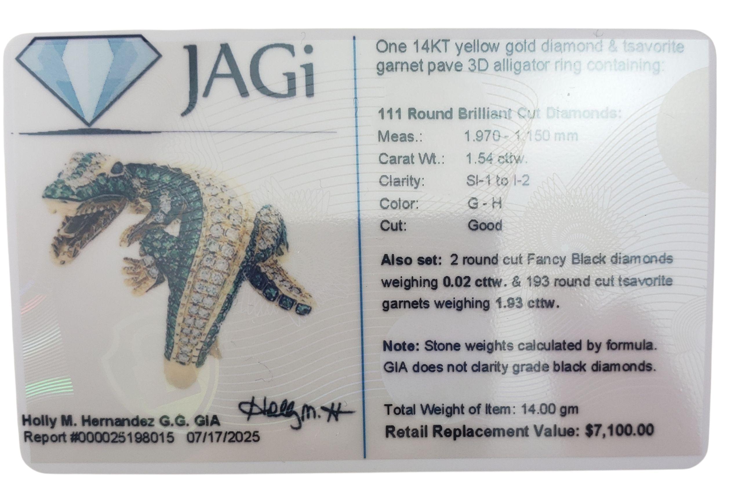 14K Yellow Gold Diamond & Tsavorite Alligator Ring Size 7 JAGi Certified #22648 en vente 5