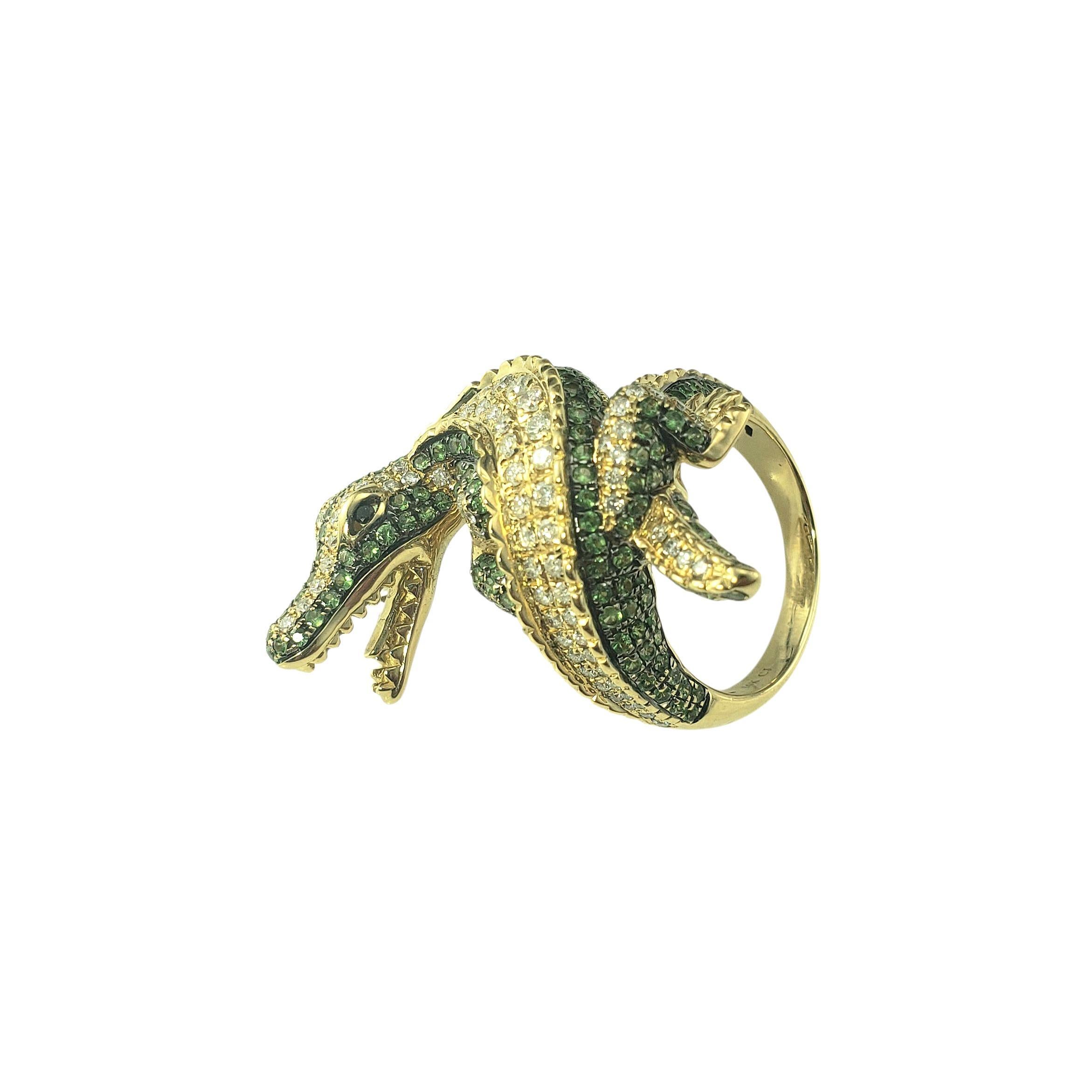 Taille brillant 14K Yellow Gold Diamond & Tsavorite Alligator Ring Size 7 JAGi Certified #22648 en vente