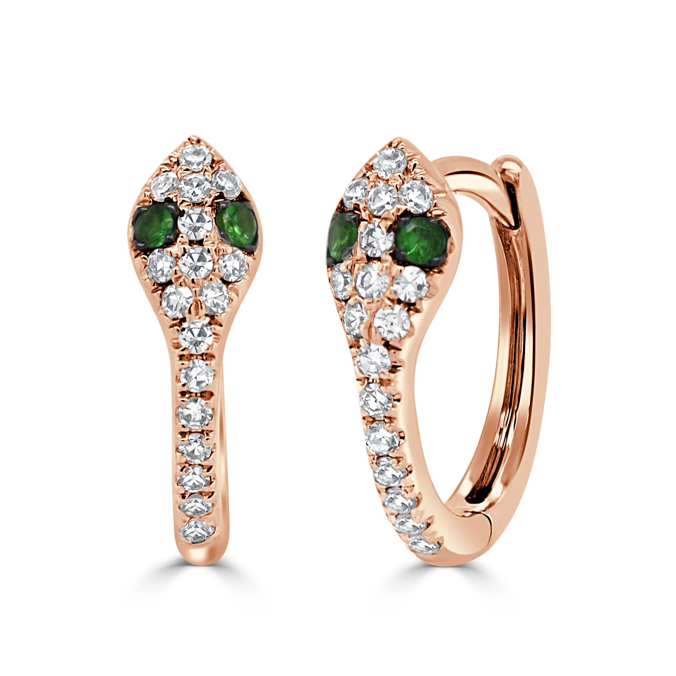Taglio rotondo Orecchino a serpente in oro giallo 14K con diamante e tsavorite NUOVO in vendita
