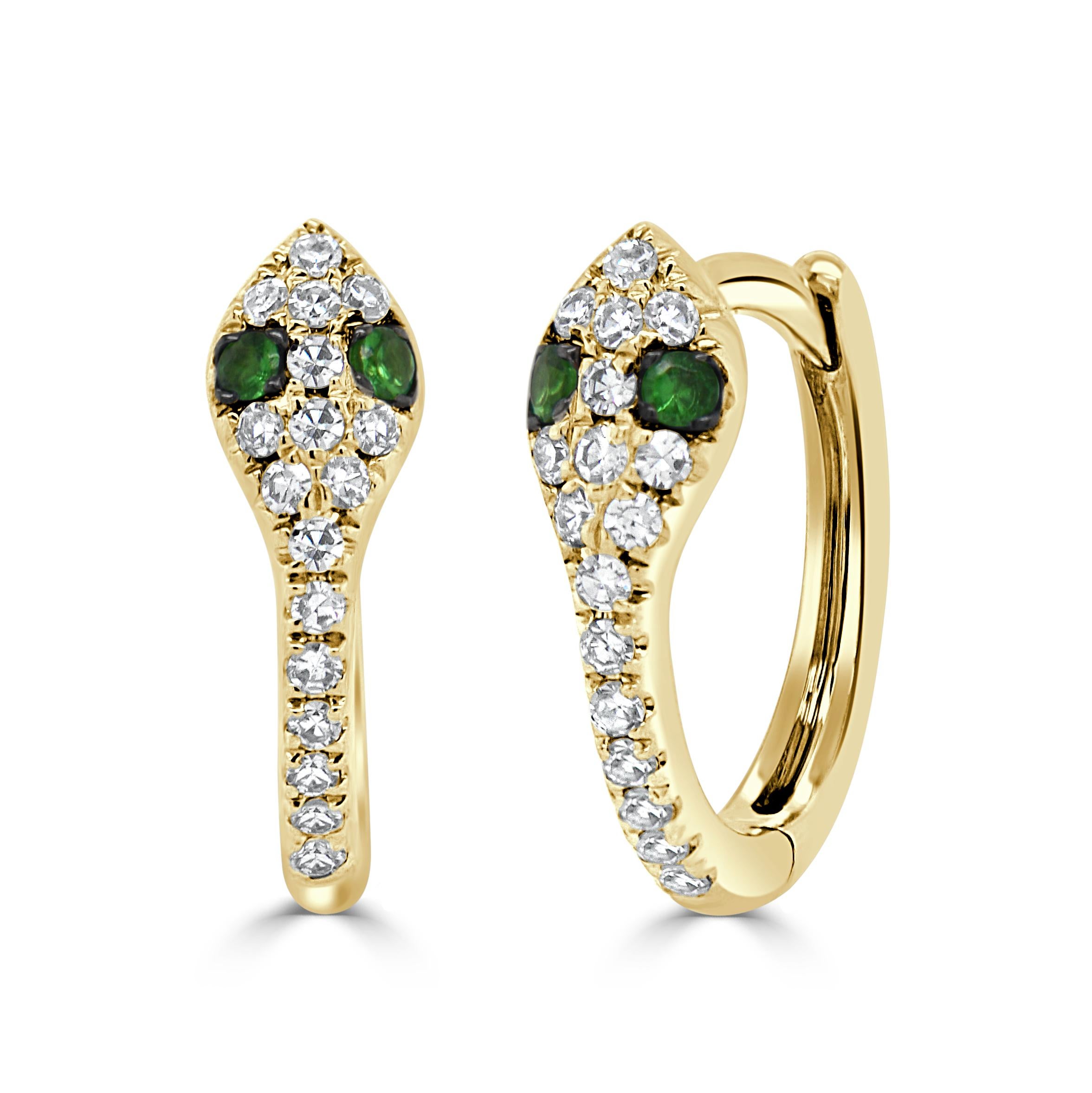 Boucle d'oreille serpent en or jaune 14K avec diamant et tsavorite NEW
