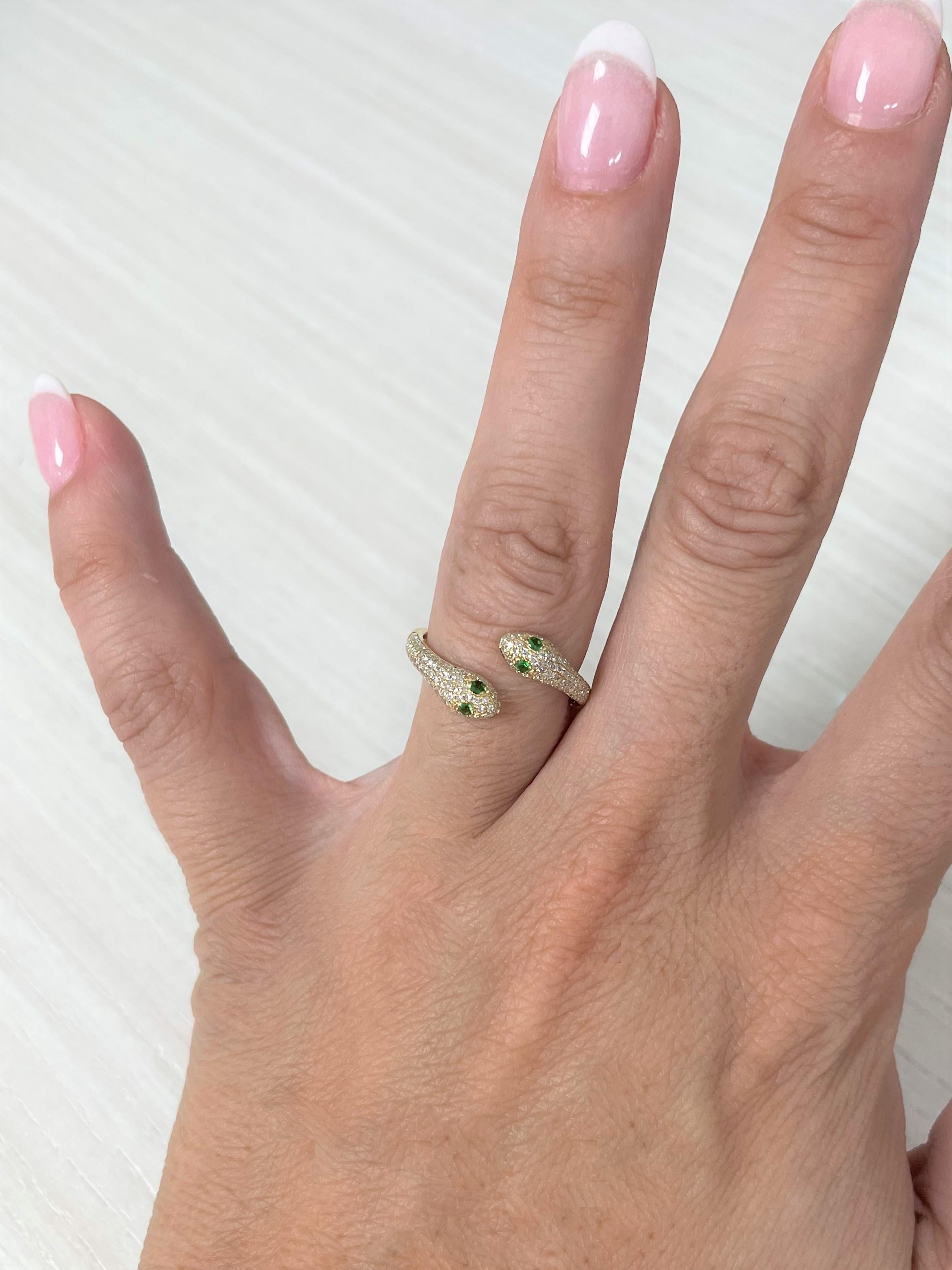 Contemporary 14K Yellow Gold Diamond & Tsavorite Snake Ring for Her For Sale