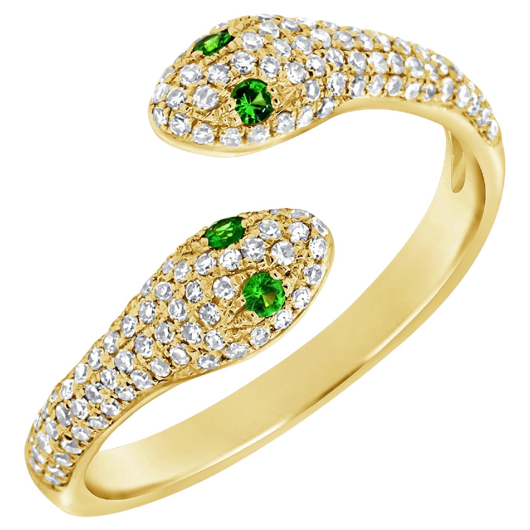 14K Yellow Gold Diamond & Tsavorite Snake Ring for Her