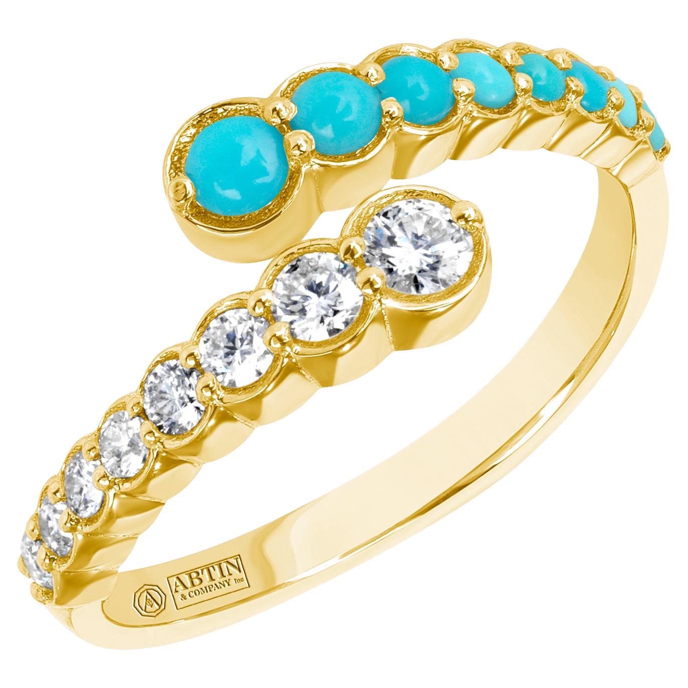 14K Yellow Gold Diamond & Turquoise Bezel Bypass Ring Band  For Sale