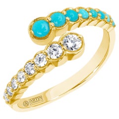 14K Yellow Gold Diamond & Turquoise Bezel Bypass Ring Band 