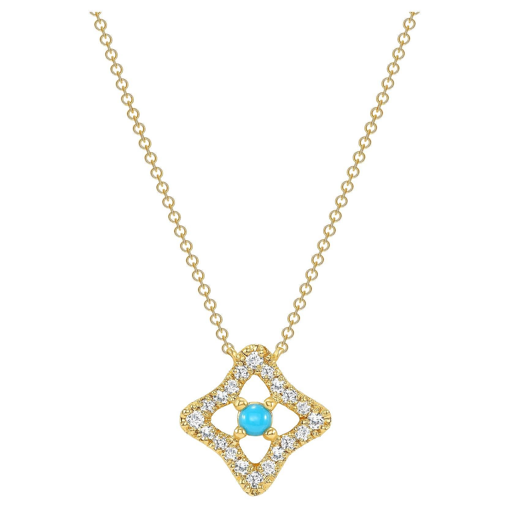 14K Yellow Gold Diamond & Turquoise Pendant Necklace For Sale
