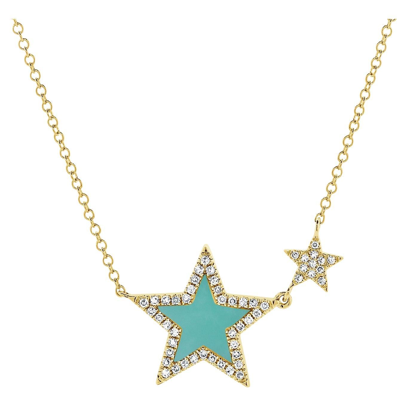 14K Yellow Gold Diamond & Turquoise Star Necklace for Her For Sale