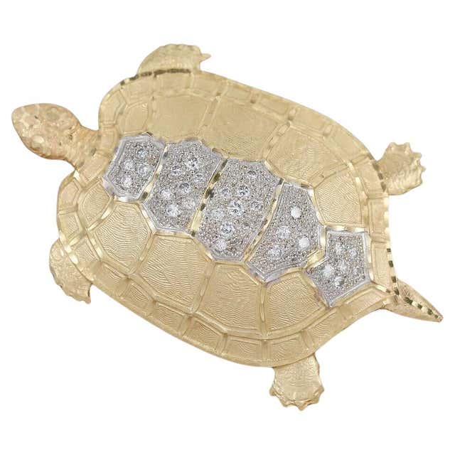 Turtle Gold Color Vintage 14k Yellow Gold 0.20ct Diamond Detailed Turtle Charm Pendant ...