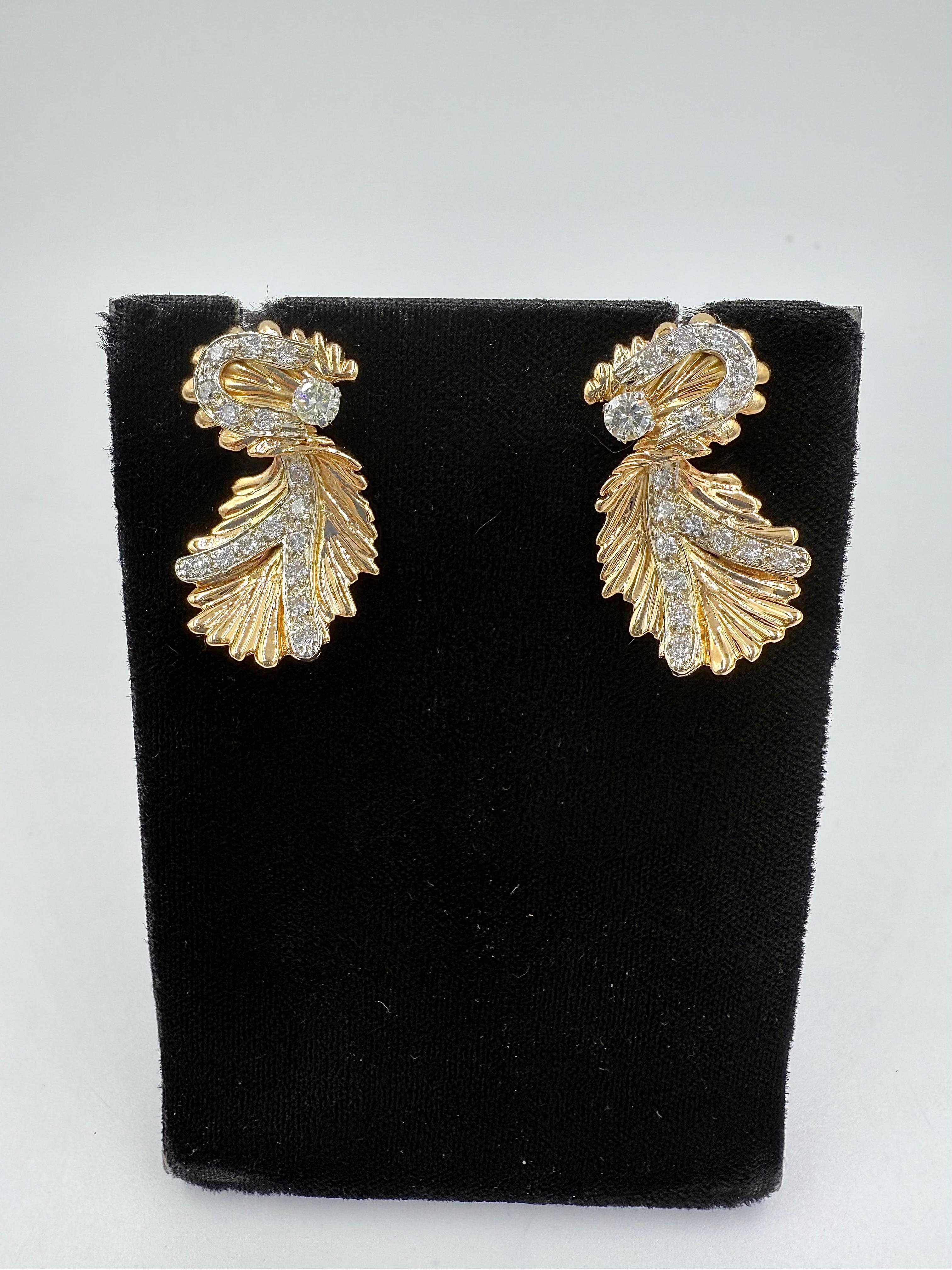 Round Cut 14k Yellow Gold Diamond Vintage Organic Style Drop Earring Circa 1960s For Sale