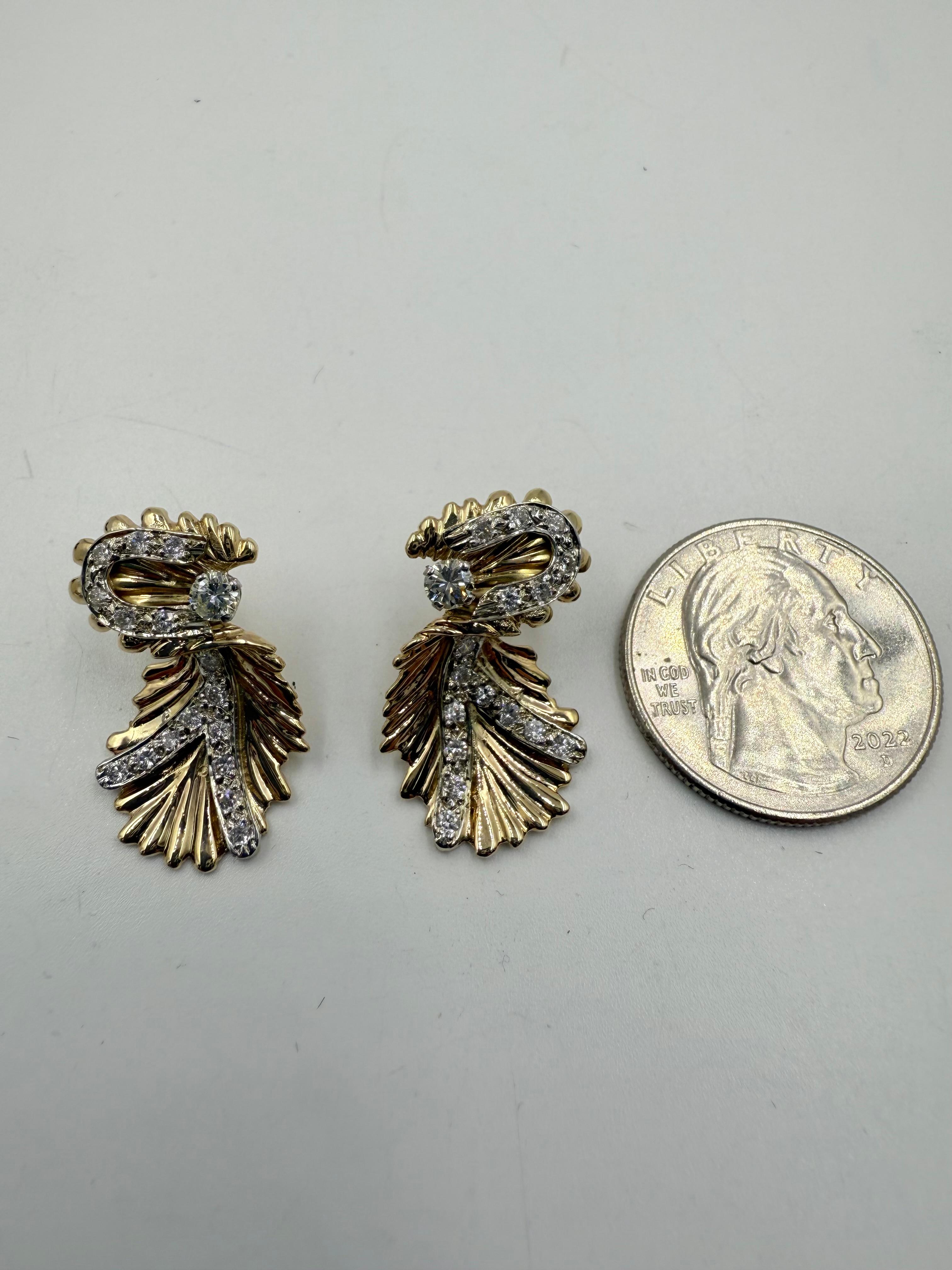 14k Yellow Gold Diamond Vintage Organic Style Drop Earring Circa 1960s For Sale 1