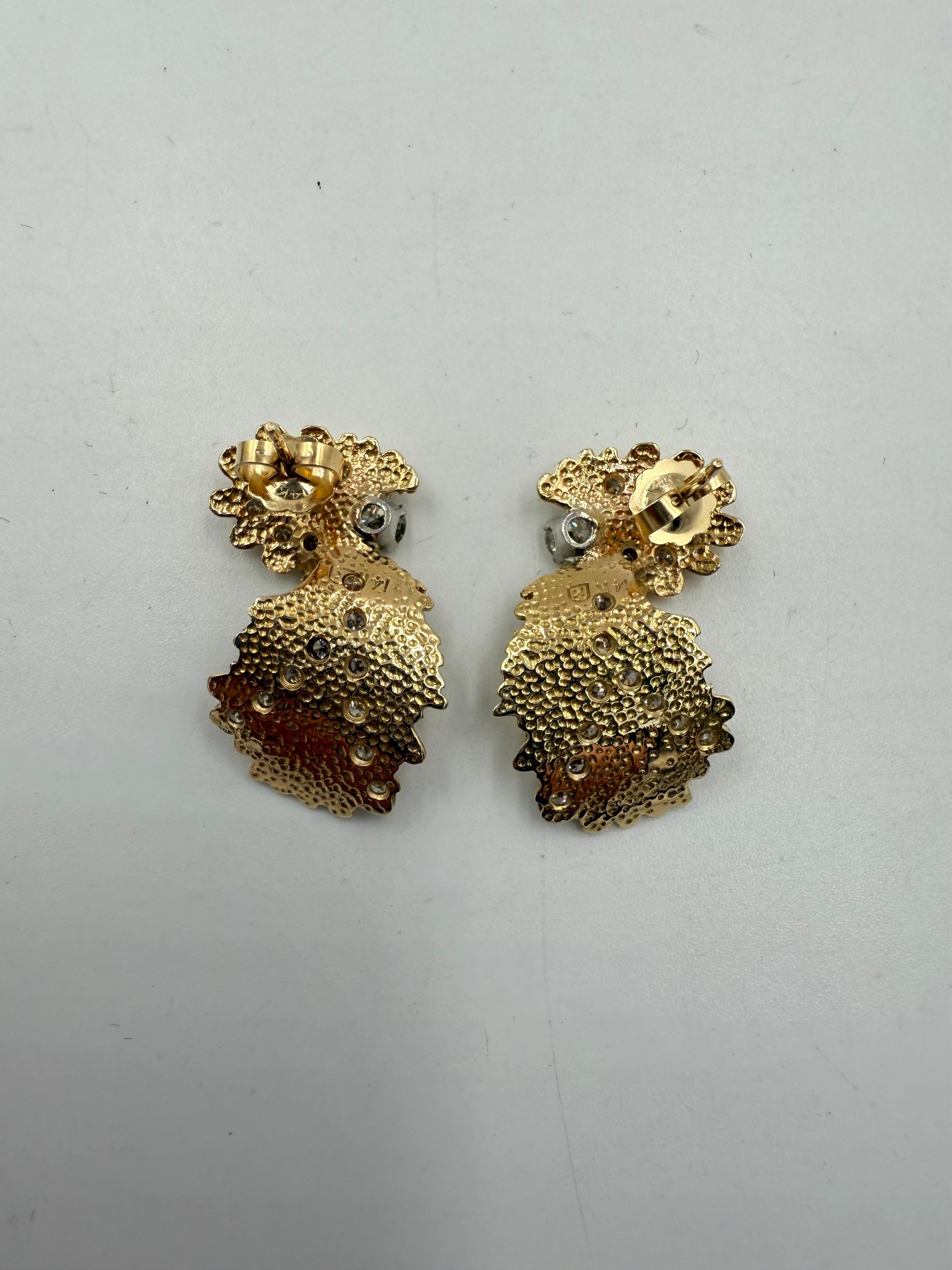 14k Yellow Gold Diamond Vintage Organic Style Drop Earring Circa 1960s For Sale 2