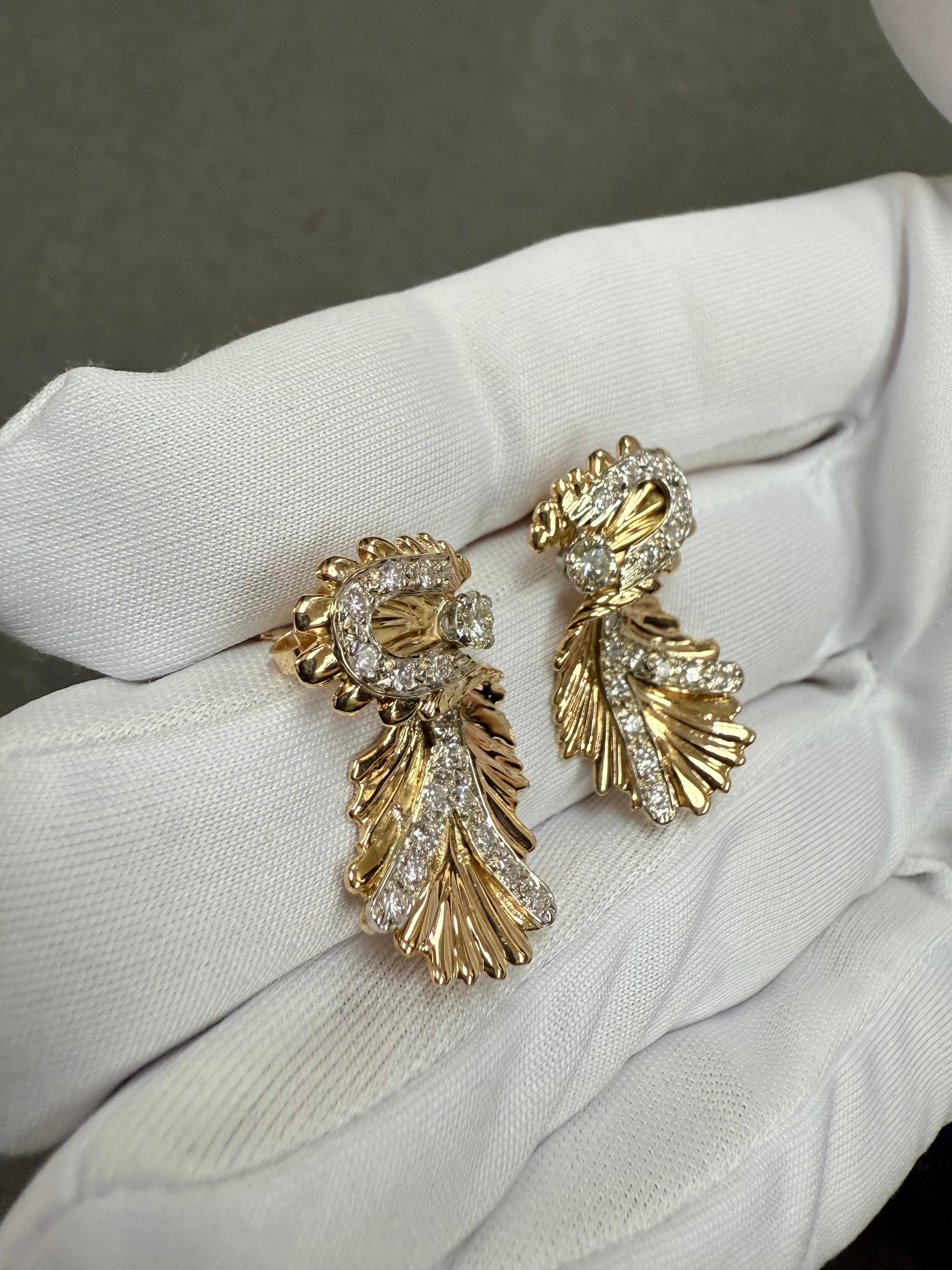 14k Yellow Gold Diamond Vintage Organic Style Drop Earring Circa 1960s For Sale 4