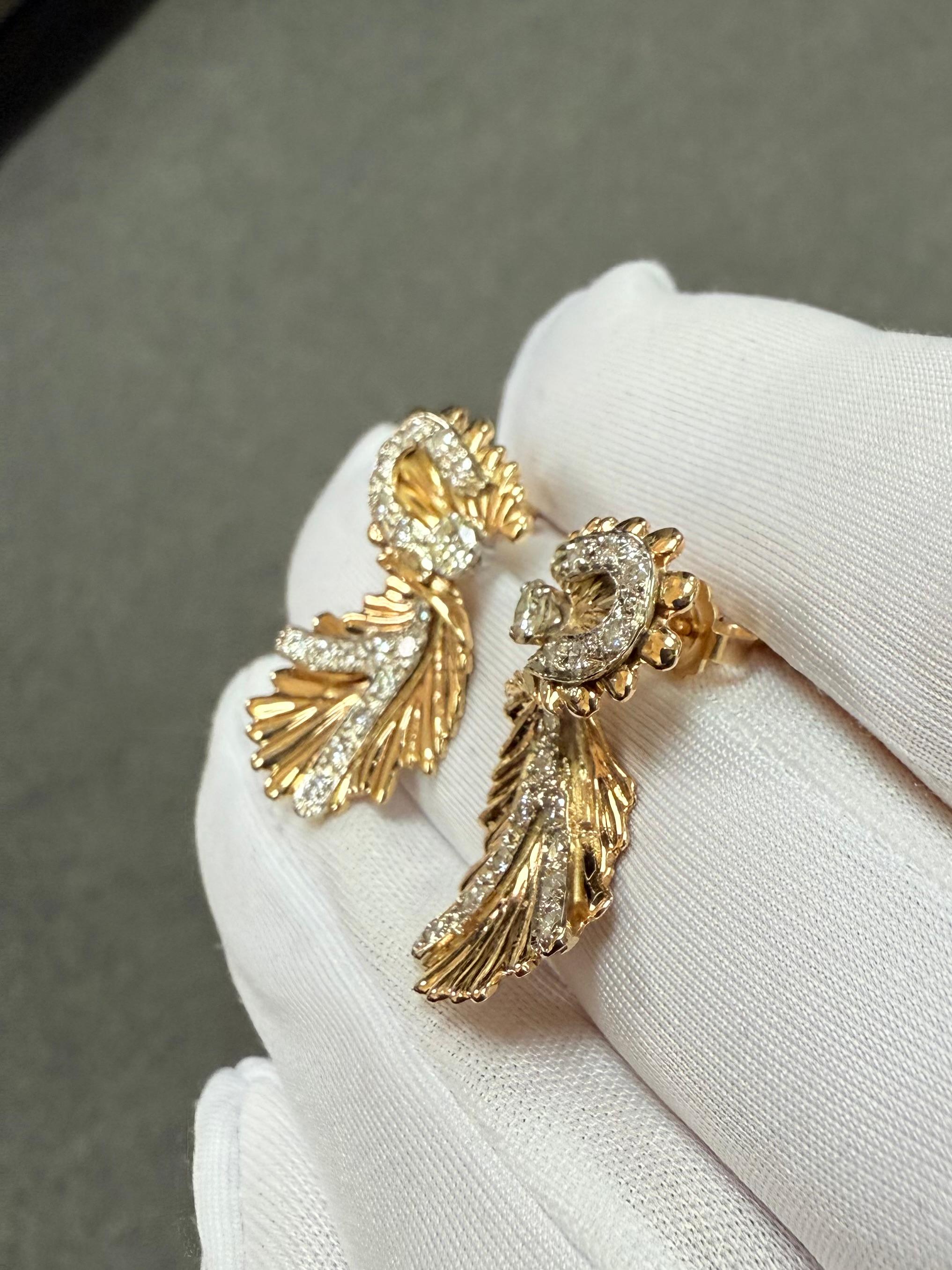 14k Yellow Gold Diamond Vintage Organic Style Drop Earring Circa 1960s For Sale 5