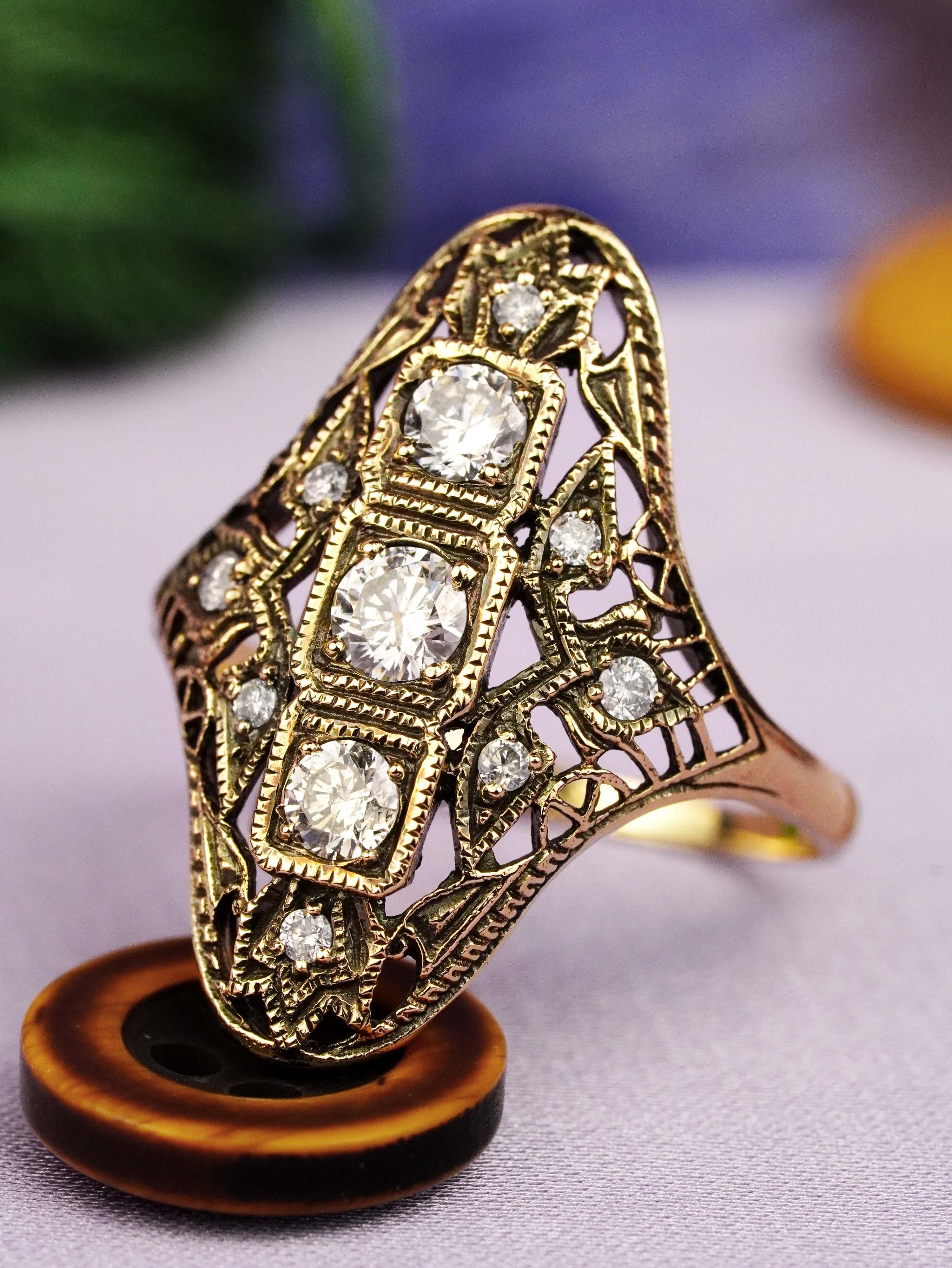 14K Gelbgold Diamant Vintage Style Filigraner Dinner Ring (Edwardian) im Angebot