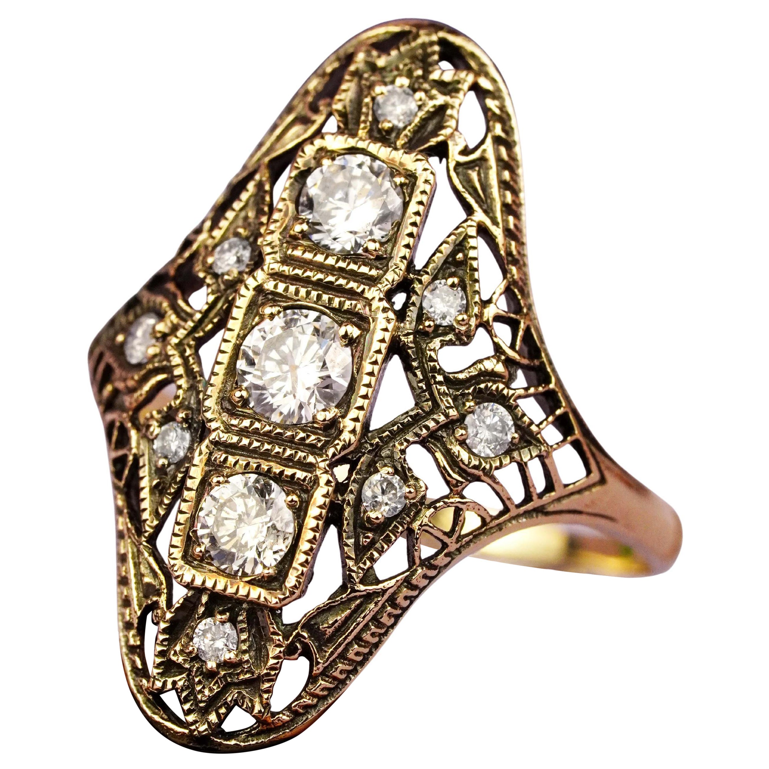14K Yellow Gold Diamond Vintage Style Filigree Dinner Ring For Sale