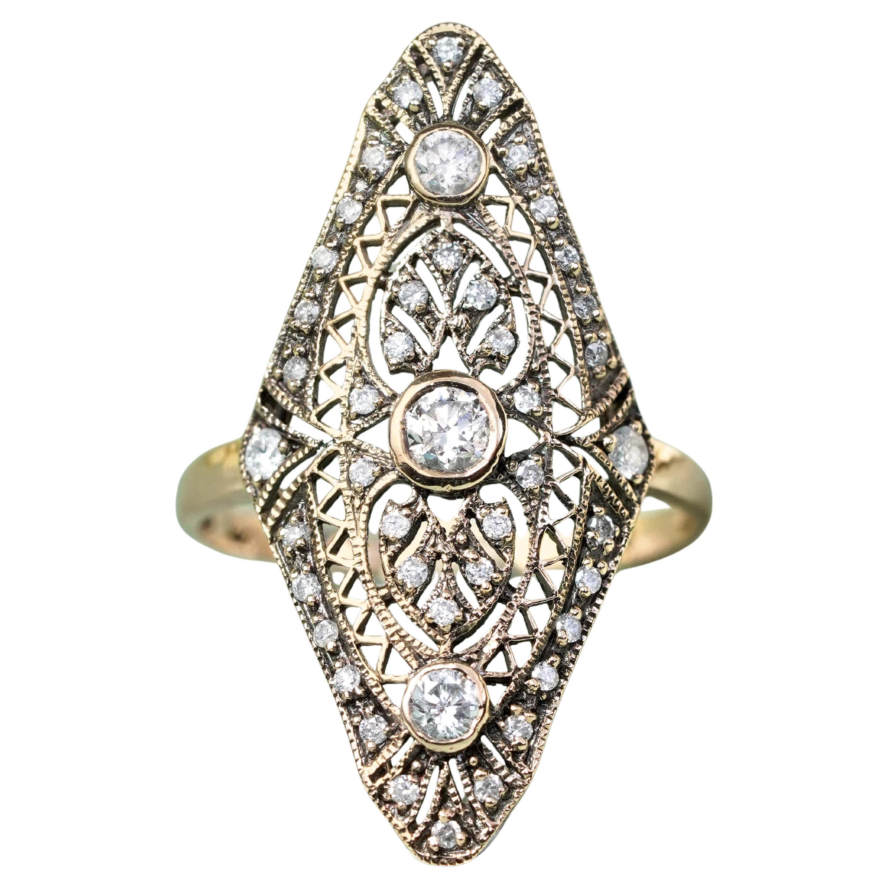 Bague de table en or jaune 14K avec diamant et filigrane de style vintage