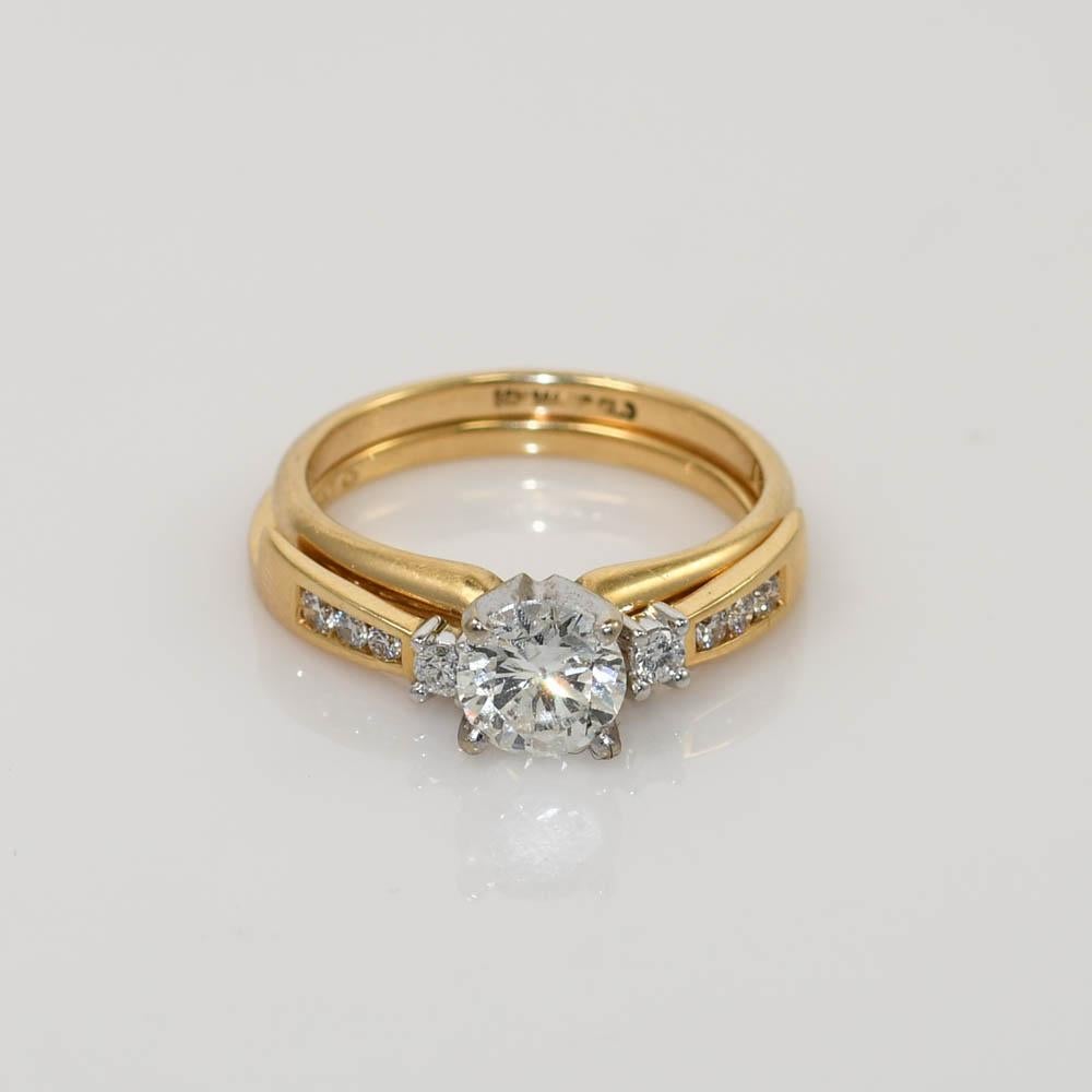 Hochzeitsring-Set aus 14 Karat Gelbgold mit Diamanten, 1,03 Karat in der Mitte, G-H, i2 im Angebot 1