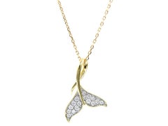 14K Yellow Gold Diamond Whale Tail Fluke Pendant Necklace