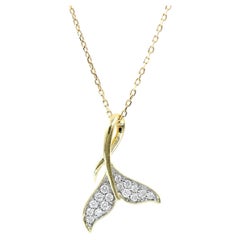 14K Yellow Gold Diamond Whale Tail Fluke Pendant Necklace