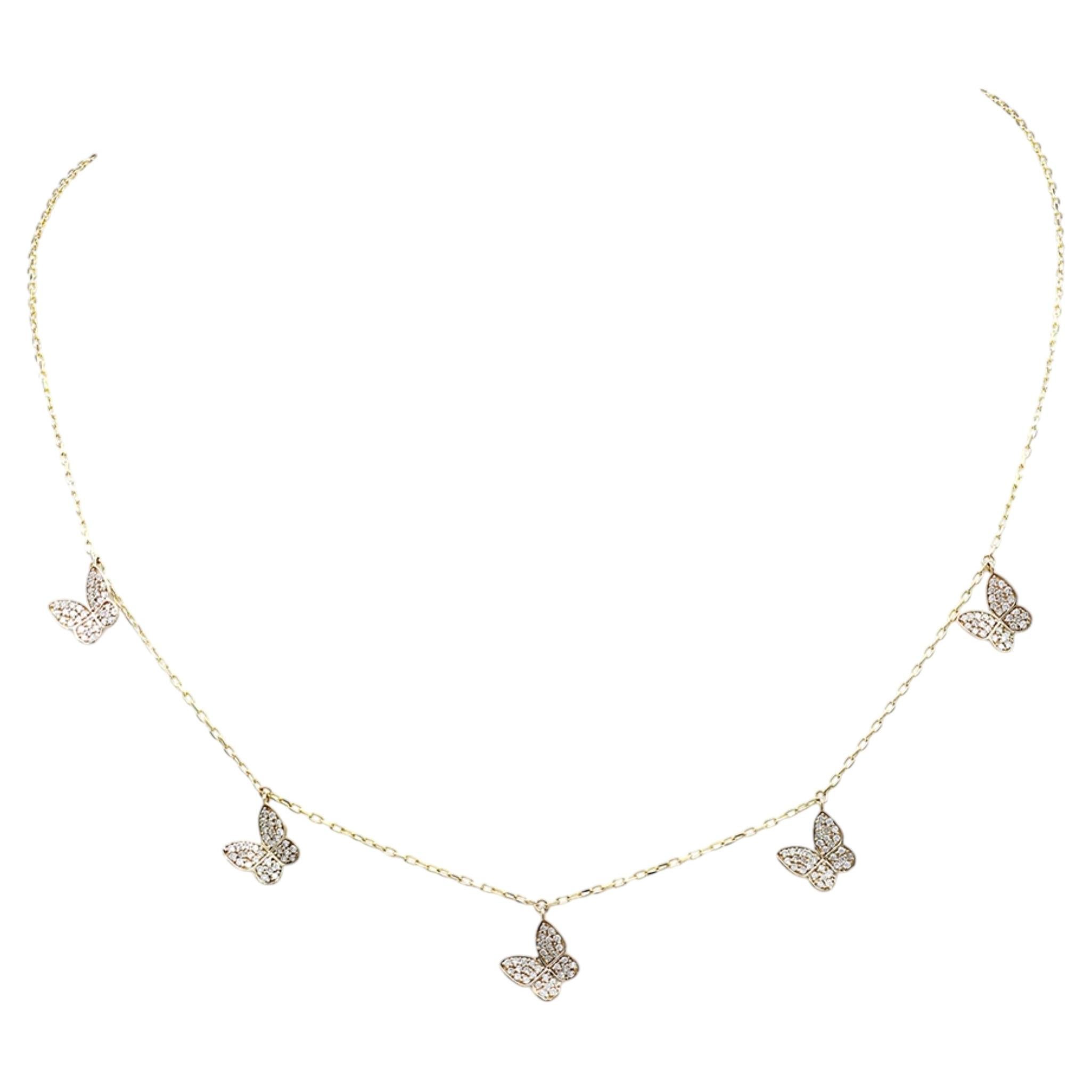 14K Yellow Gold Diamond Whimsical Pave Butterfly Station Charm Necklace