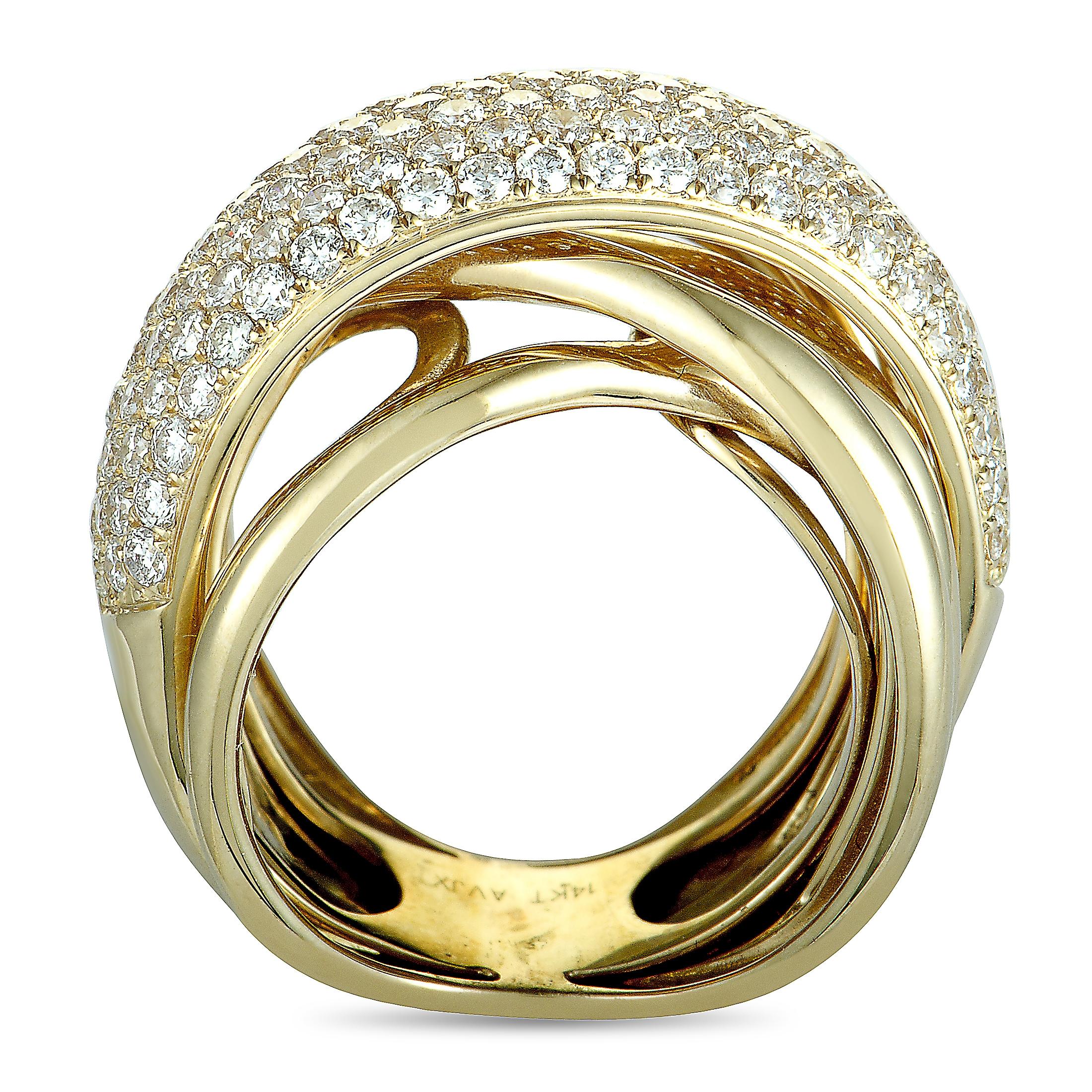 This ring is crafted from 14K yellow gold and set with diamonds that amount to 2.25 carats. The ring weighs 13.5 grams, boasting band thickness of 9 mm and top height of 7 mm, while top dimensions measure 25 by 17 mm.
 
 Offered in brand new