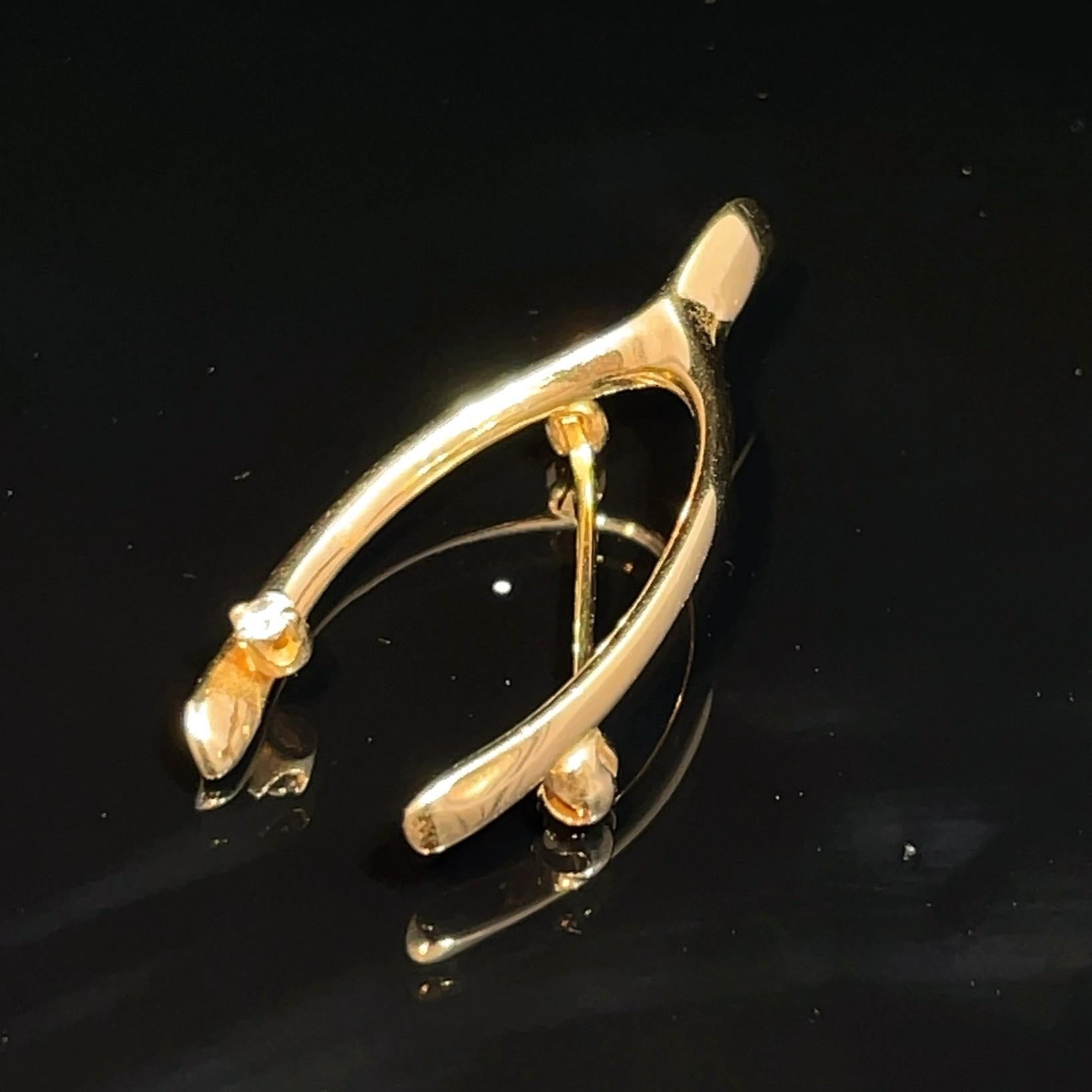 14k Yellow Gold Diamond Wishbone Pin For Sale 6