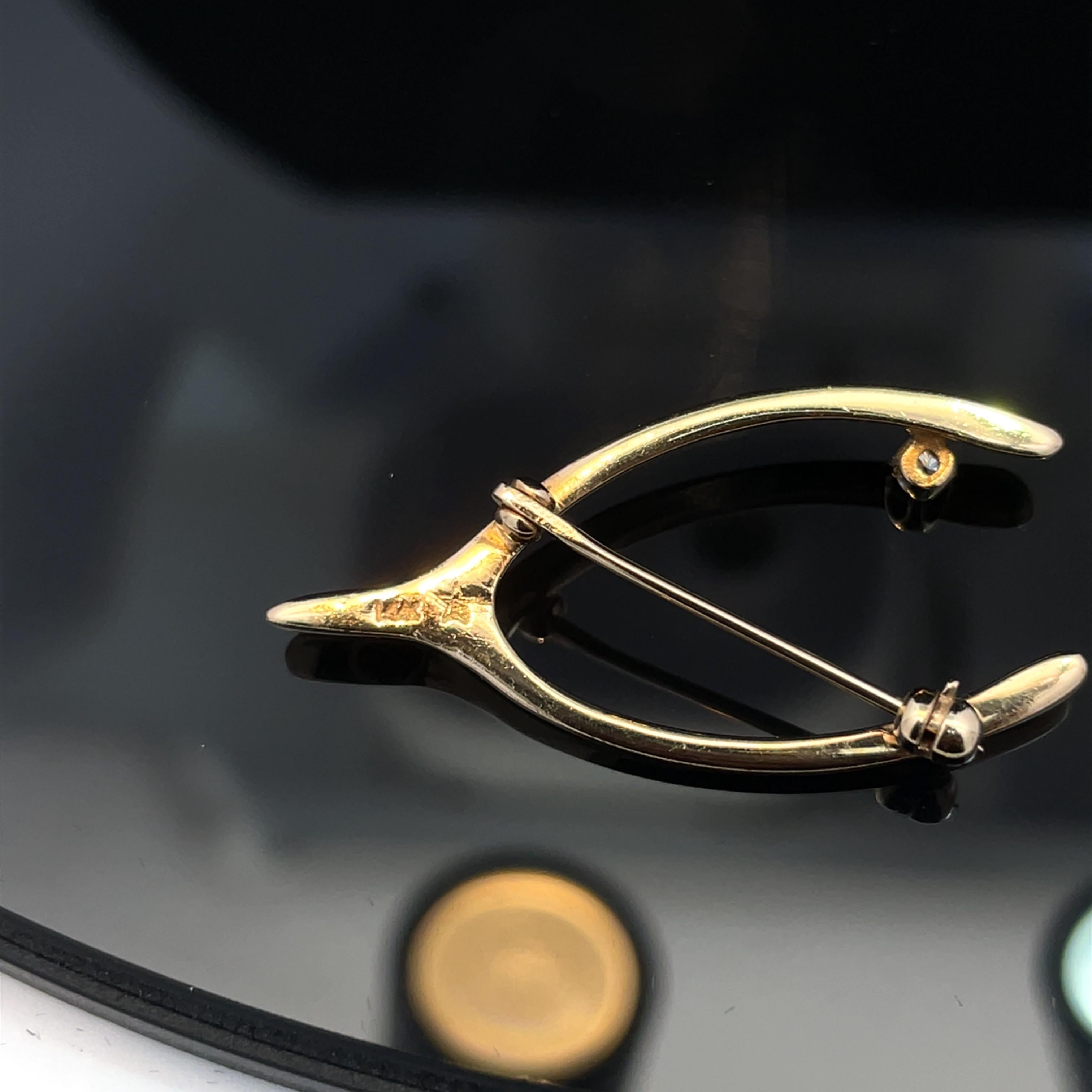 14k Yellow Gold Diamond Wishbone Pin For Sale 2