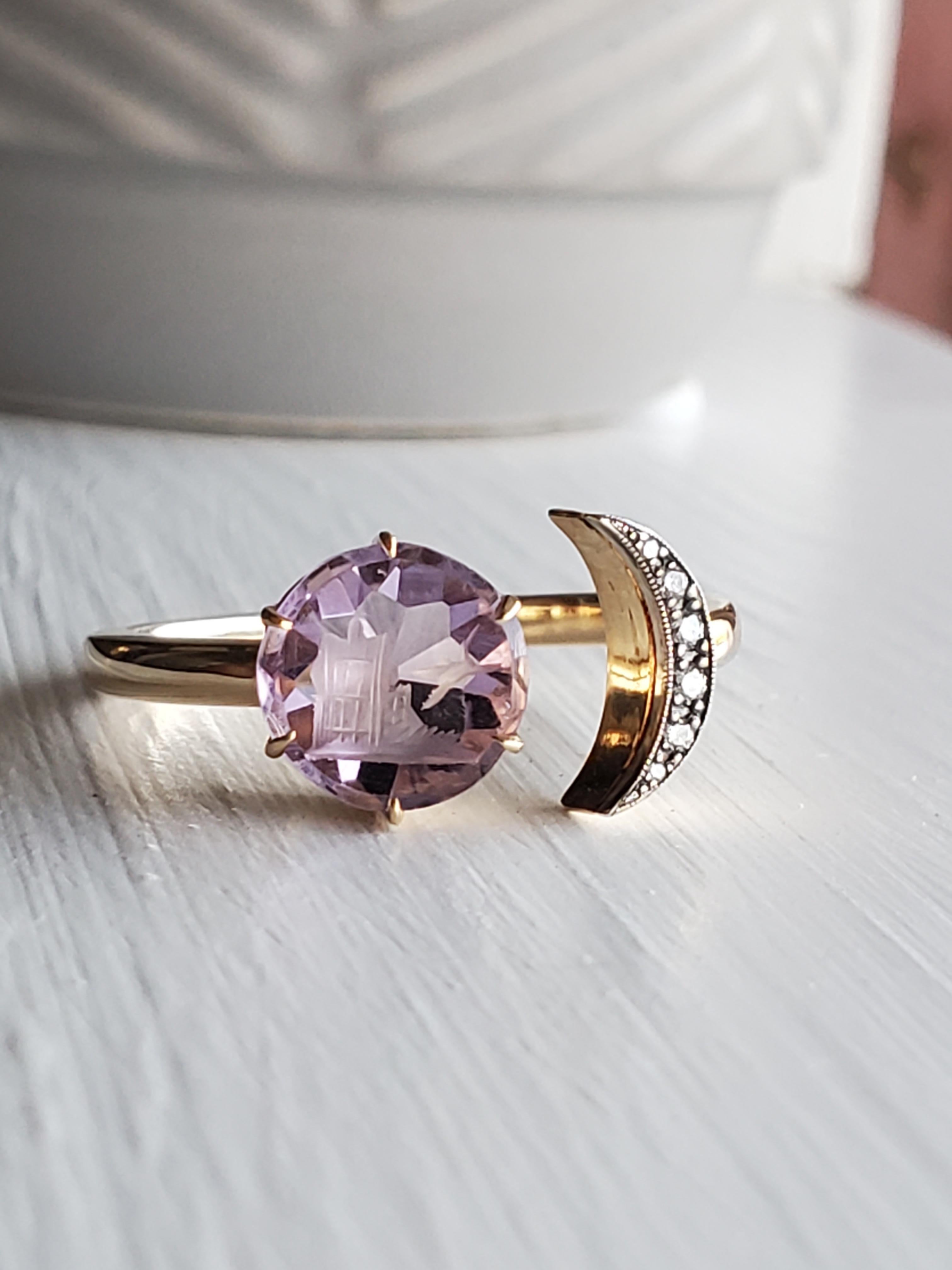 Taille brillant Bague en or jaune 14K, diamants et améthyste, sceau de lune en intaille ancienne en vente