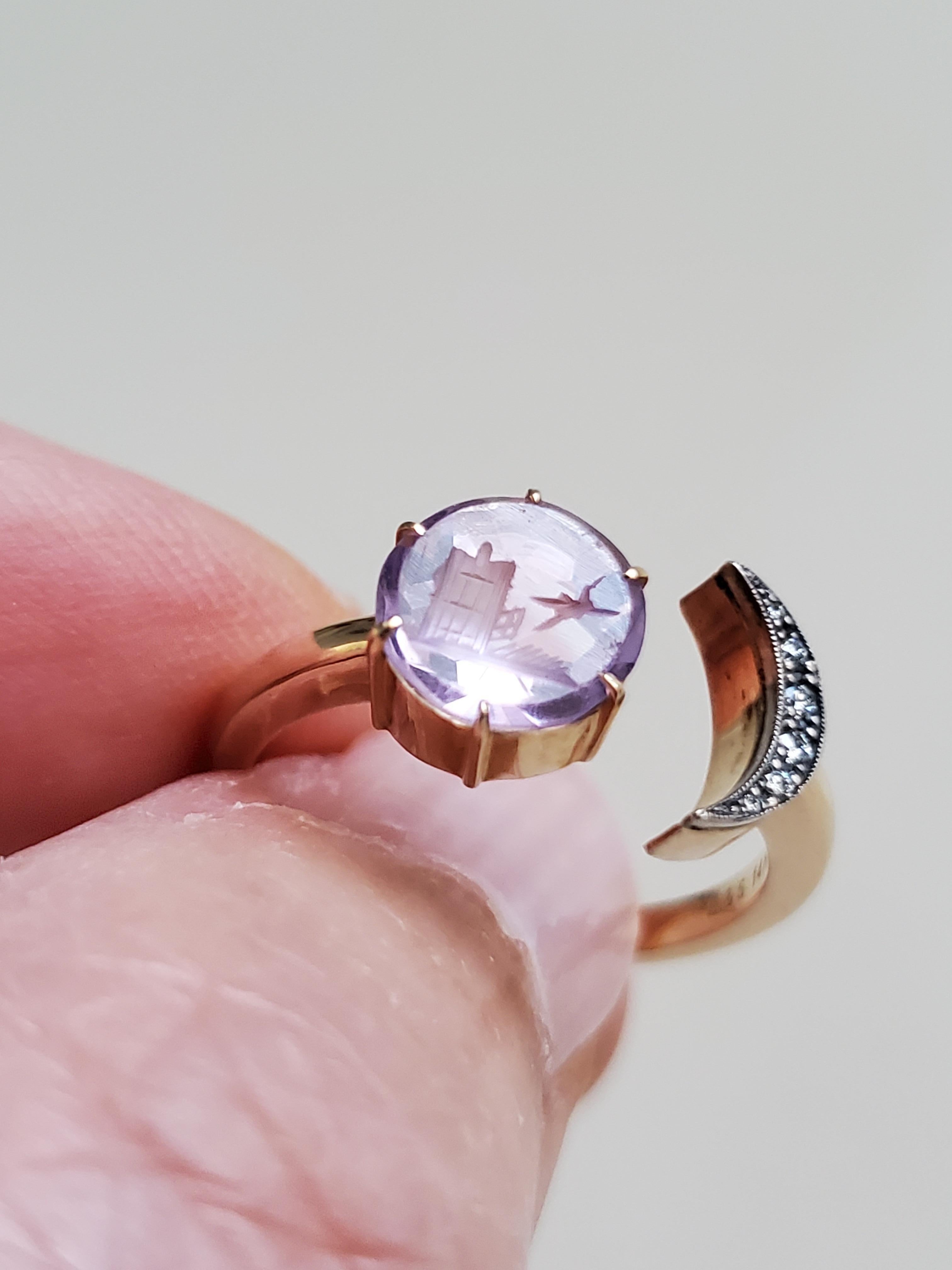 Bague en or jaune 14K, diamants et améthyste, sceau de lune en intaille ancienne Unisexe en vente